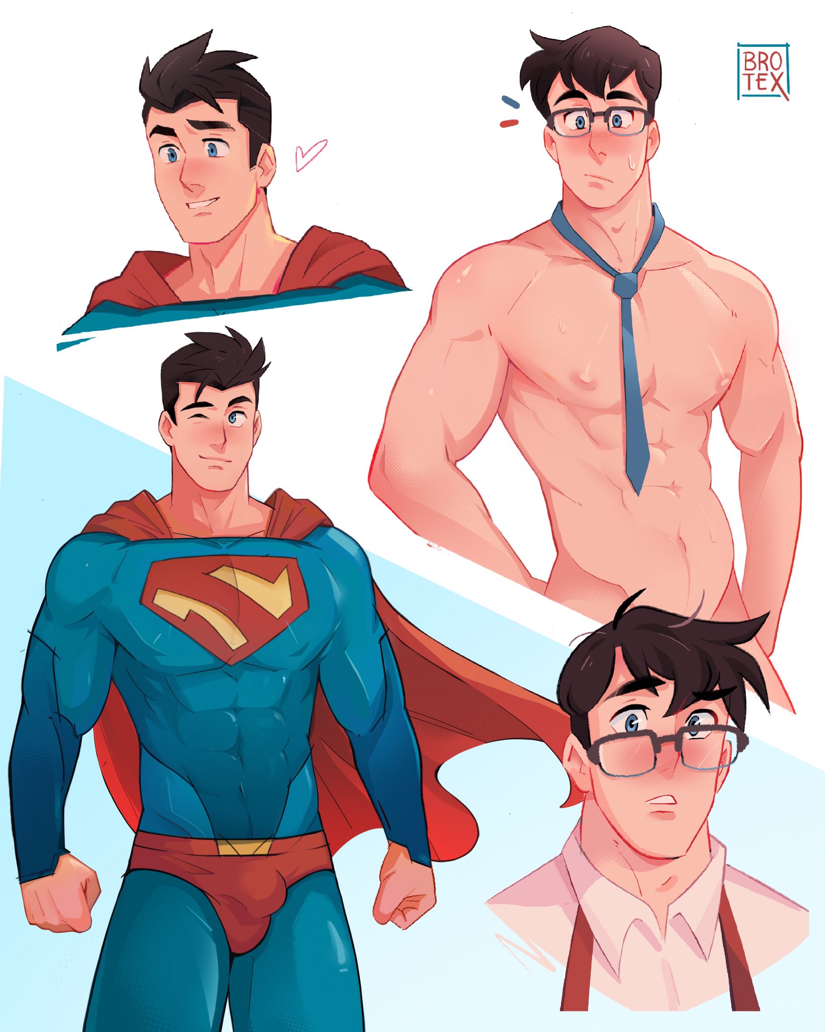 1boy, 2023, bara, black hair, blue eyes, blush, bulge, clark kent, clark kent (my adventures with superman), clothing, dc, dc comics, gay, hi res, highres, kal-el, looking at viewer, male, male focus, male nipples, male only, masculine male, muscular, muscular male, my adventures with superman, nipples, solo, solo male, superhero, superman, superman (clark kent), superman (series), tight clothing, yaoi