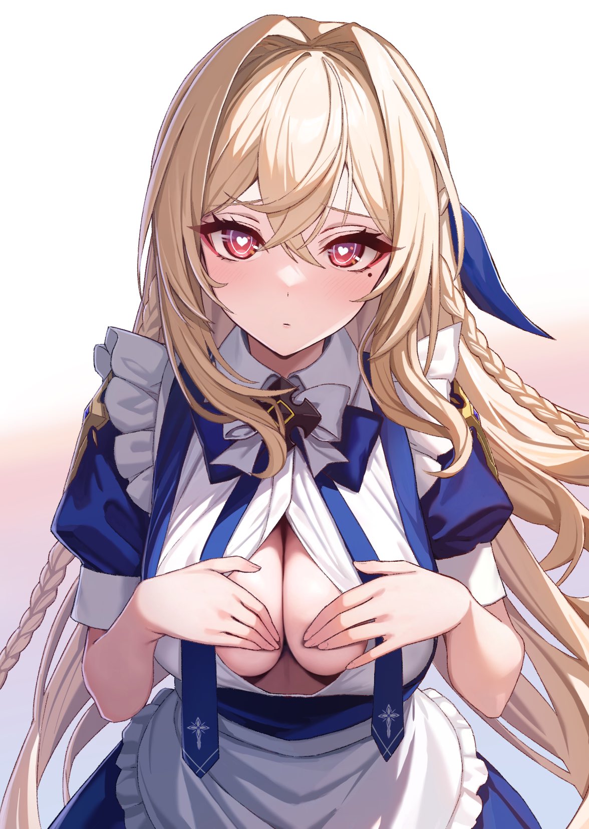 alternate_costume apron blonde_hair blue_dress blush braid breasts center_opening cleavage_cutout clothing_cutout commentary_request counter:side dress female hands_on_own_chest heart heart-shaped_pupils highres korean_commentary large_breasts ll_0109 long_hair looking_at_viewer mole mole_under_eye mors_(counter:side) red_eyes ribbon simple_background solo symbol-shaped_pupils very_long_hair white_apron white_background white_ribbon