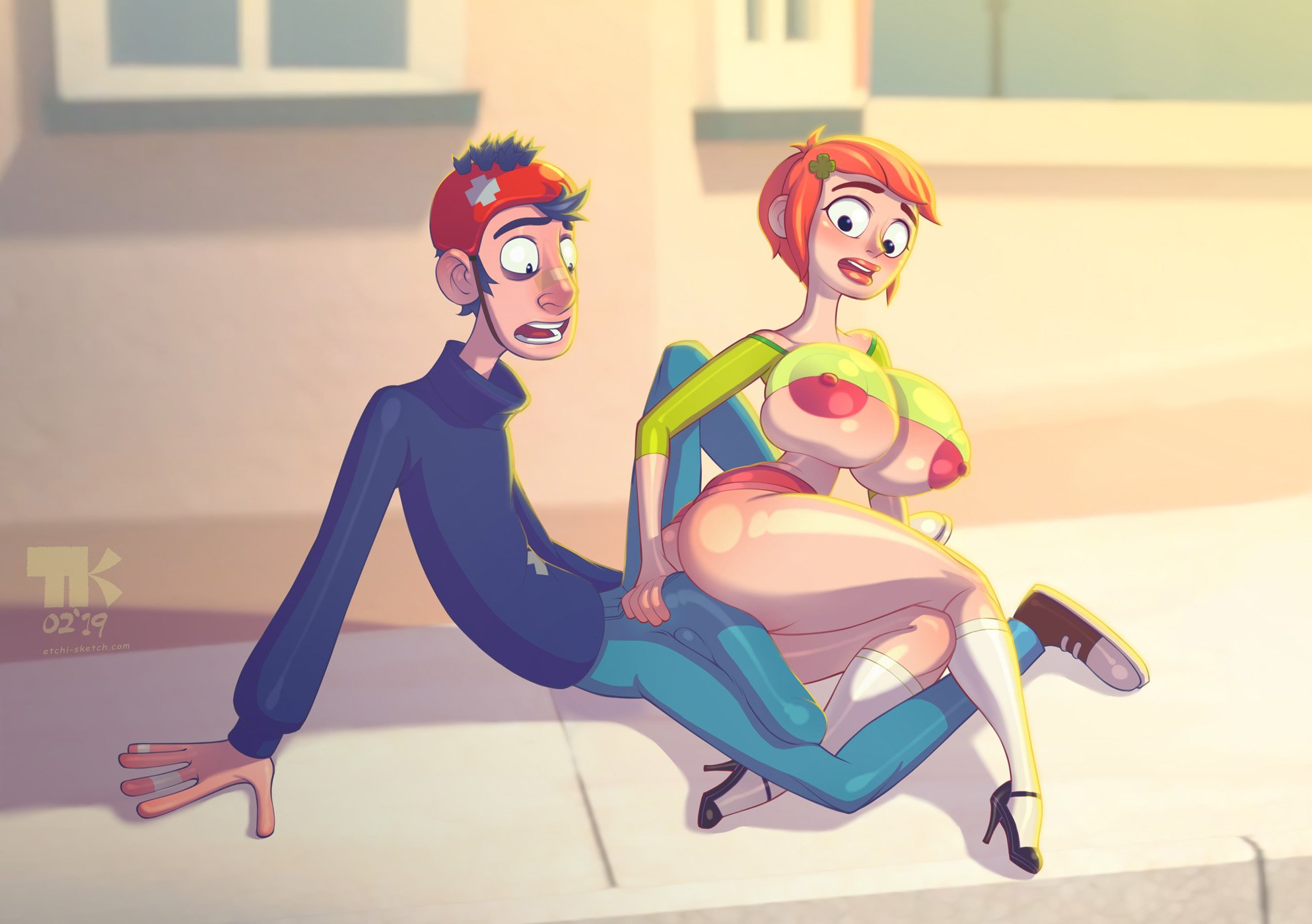 1boy, 1girls, ass, big ass, big breasts, breasts, bulge, bulge through clothing, casual, casual nudity, clothed, female, handjob, huge breasts, huge bulge, huge cock, hyper bulge, hyper penis, jinxy jenkins, jinxy jenkins and lucky lou, lucky lou, male, nipples visible through clothing, no bra, penis, public, public nudity, sideass, teasing, turk128, underboob