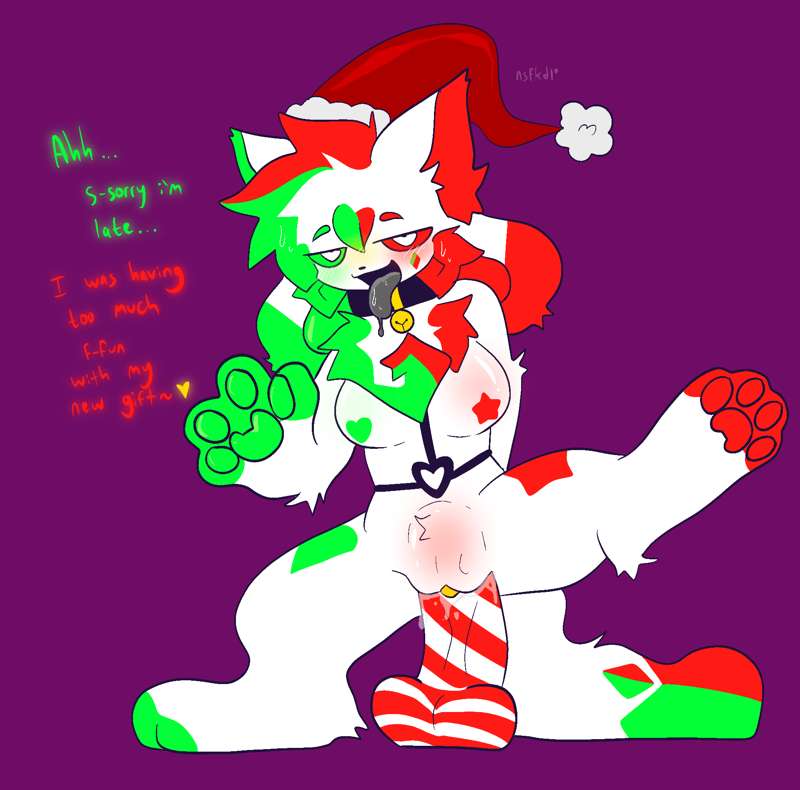 christmas christmas_crystal_(kittydogcrystal) dildo dildo_in_pussy furry furry_only green_fur hybrid kittydog_(species) kittydogcrystal red_fur white_fur writing