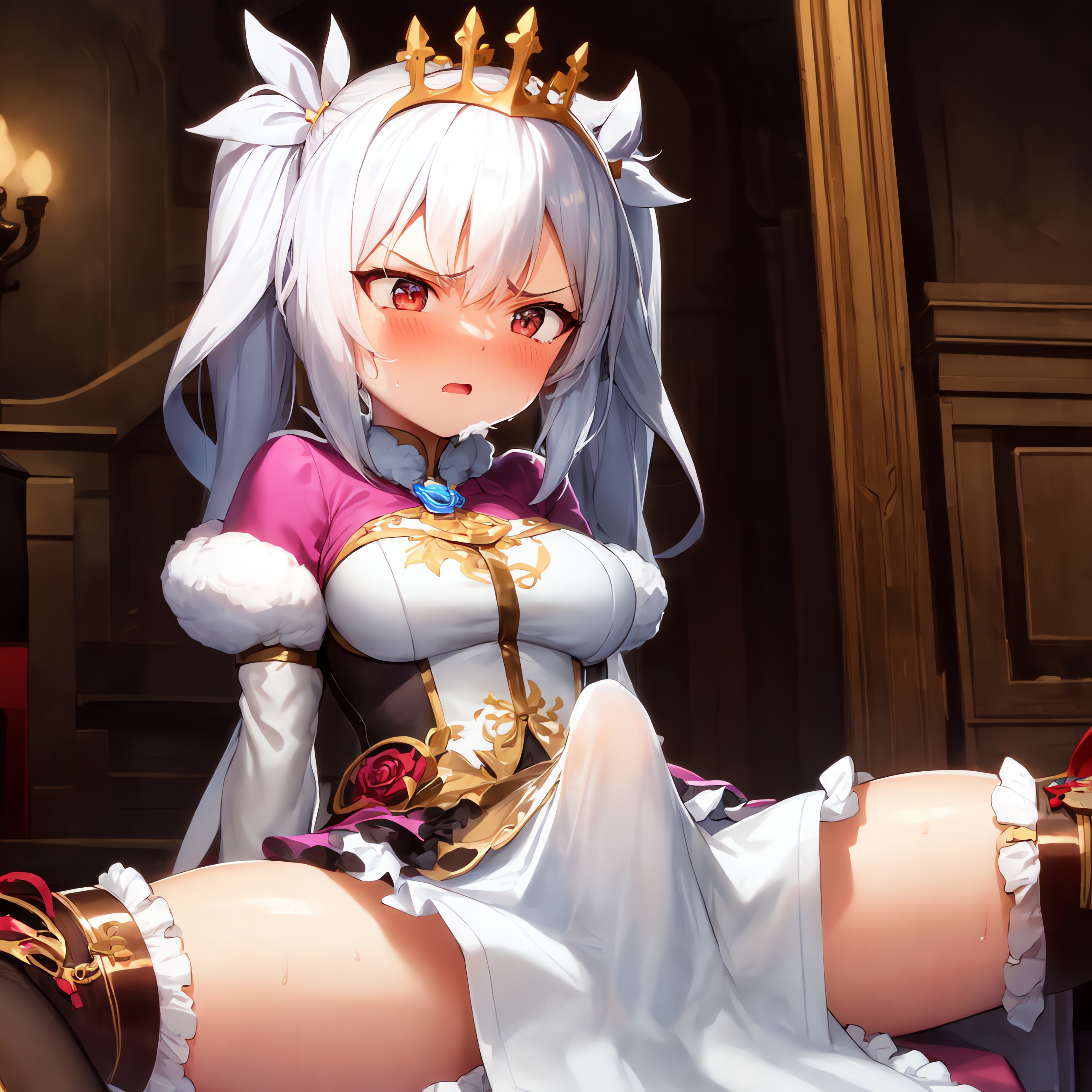 1futa, ai generated, annoyed, blush, breasts, clothed, crown, cute face, dickgirl, dress, erect penis, erection, erection under clothes, erection under skirt, futa only, futanari, indoors, intersex, legs spread, long hair, looking at penis, nashikone, open mouth, penis, princess, sitting, solo, solo futa, thighs, twintails