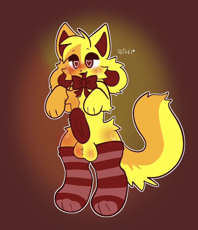 boob_(kittydogcrystal) bowtie cock_out femboy furry furry_only hybrid kittydog_(species) kittydogcrystal orange_fur penis penis_out thighhighs yellow_fur