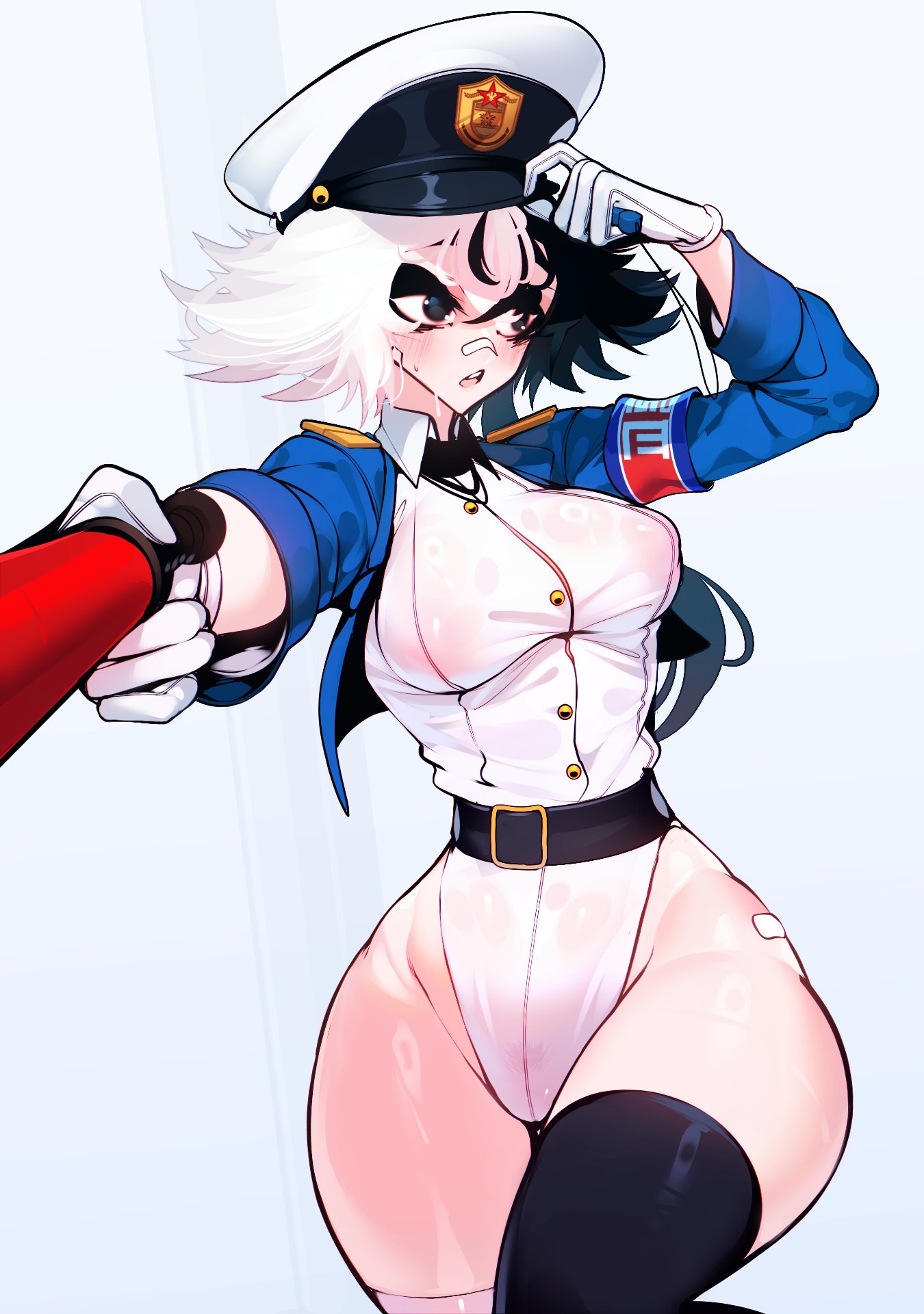ass, ass visible through thighs, black hair, blush, breasts, female, hat, hips, hips wider than shoulders, holding object, holding weapon, kyoko (sachiko2s), legwear, leotard, light skin, light-skinned female, medium breasts, nipples visible through clothing, original character, police, police uniform, sachiko, sachiko lashes, simple background, standing, thick thighs, thighhighs, thighs, two-tone hair, uniform, weapon, white hair, wide hips