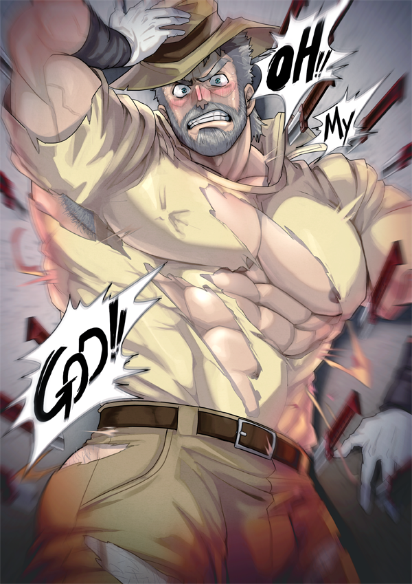 absol_(dkqthf) armpit_hair bara beard blush facial_hair grey_hair hat jojo's_bizarre_adventure joseph_joestar male male_only muscles muscular old_joseph old_man pants ripped_clothing ripped_pants ripped_shirt shirt solo solo_male stardust_crusaders