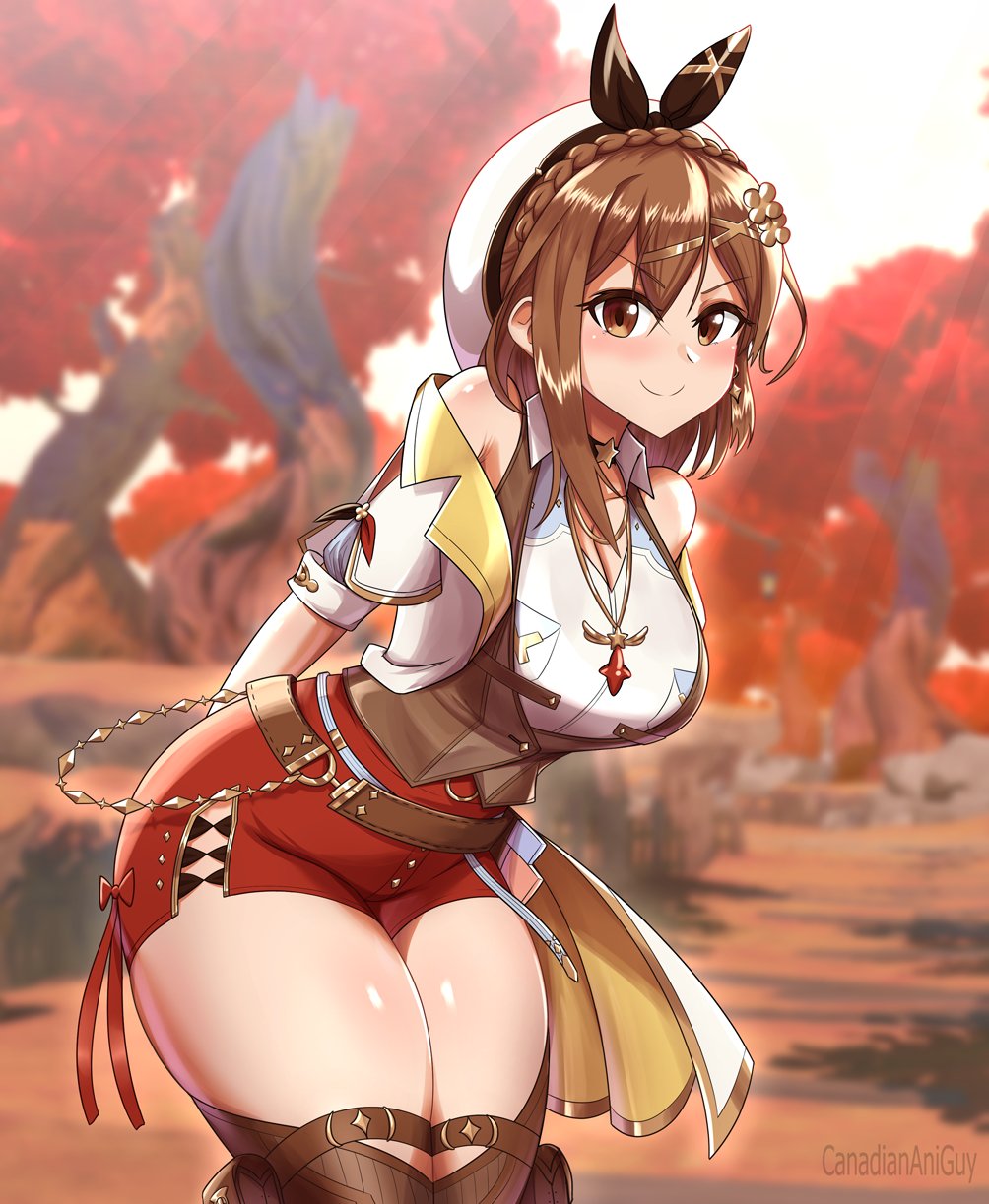 1girls, atelier (series), atelier ryza, big breasts, braid, braided hair, breasts, brown eyes, brown hair, canadiananiguy, cleavage, clothed, female, hair ornament, hair ribbon, hat, headwear, large breasts, leaning forward, looking at viewer, outdoors, reisalin stout, short hair, smile, solo, solo female, thick thighs, thighs, wide hips