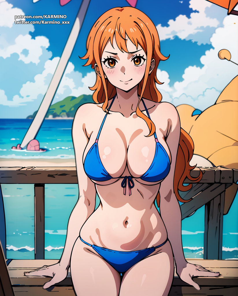 1girls ai_generated big_breasts bikini bikini_bottom bikini_top blue_bikini blue_bra blue_panties blue_swimsuit curvy curvy_female curvy_figure female female_only karmino light-skinned_female long_hair looking_at_viewer nami nami_(one_piece) one_piece orange_eyes orange_hair pale-skinned_female patreon_reward patreon_url post-timeskip slim_waist solo solo_female twitter_link twitter_url two_piece_swimsuit water