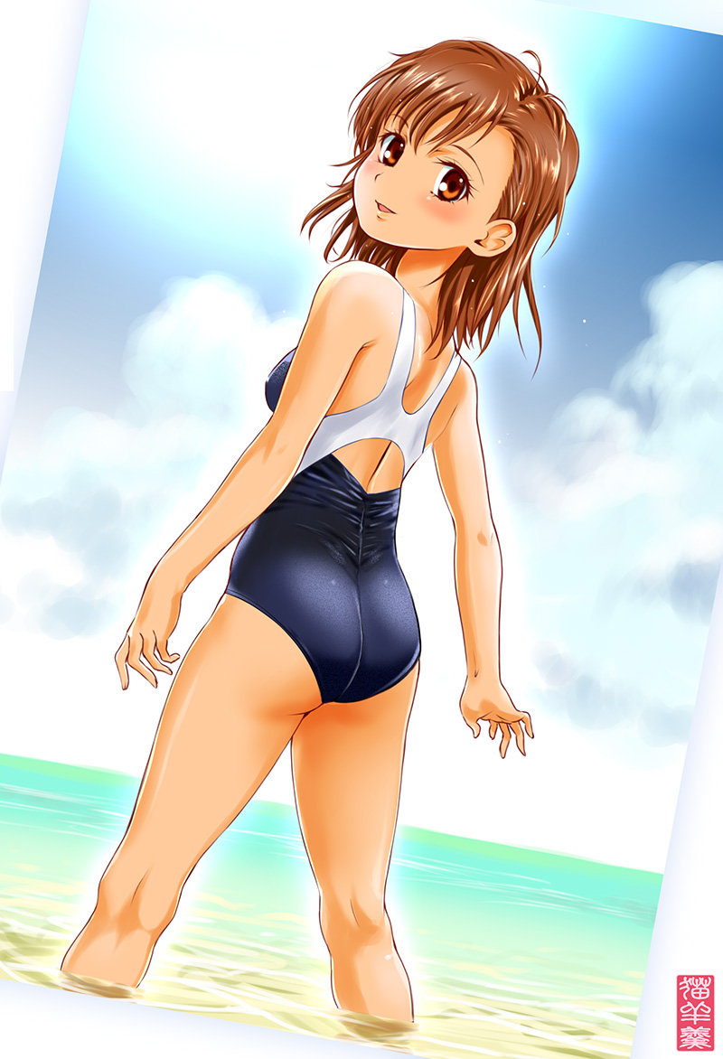 1girls 2020s 2023 arms_at_sides ass back bare_shoulders beach black_one-piece_swimsuit blush border breasts brown_eyes brown_hair brunette checkered_background cloud cloudy_sky cowboy_shot day dutch_angle female from_behind light_smile looking_at_viewer looking_back maira_gen matching_hair/eyes medium_hair misaka_mikoto one-piece_swimsuit open_hands outdoors parted_bangs parted_lips partially_submerged school_swimsuit shoulder_blades sideboob signature sky small_breasts solo standing sun swimsuit tan teenage_girl teenager thighs to_aru_kagaku_no_railgun to_aru_majutsu_no_index tokiwadai_school_swimsuit two-tone_swimsuit water white_border young young_girl