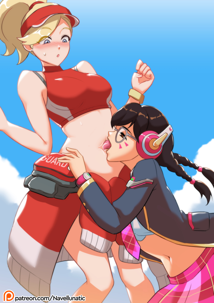 2girls belly_button black_hair blizzard_entertainment blonde_hair blue_eyes blush breasts brown_eyes clothed clothing d.va female female_only guard_uniform headset innie_belly_button innie_navel mercy midriff multiple_girls navel navel_fetish navel_licking navellunatic overwatch patreon_url patreon_username stomach tongue tongue_out yuri