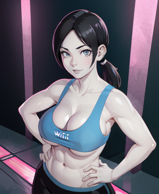 1girls abs ai_generated big_breasts black_hair boobs breasts cleavage crop_top female female_only fit fit_female gray_eyes grey_eyes hands_on_hips large_breasts looking_at_viewer solo sports_bra stable_diffusion underboob white_skin wii_fit wii_fit_trainer