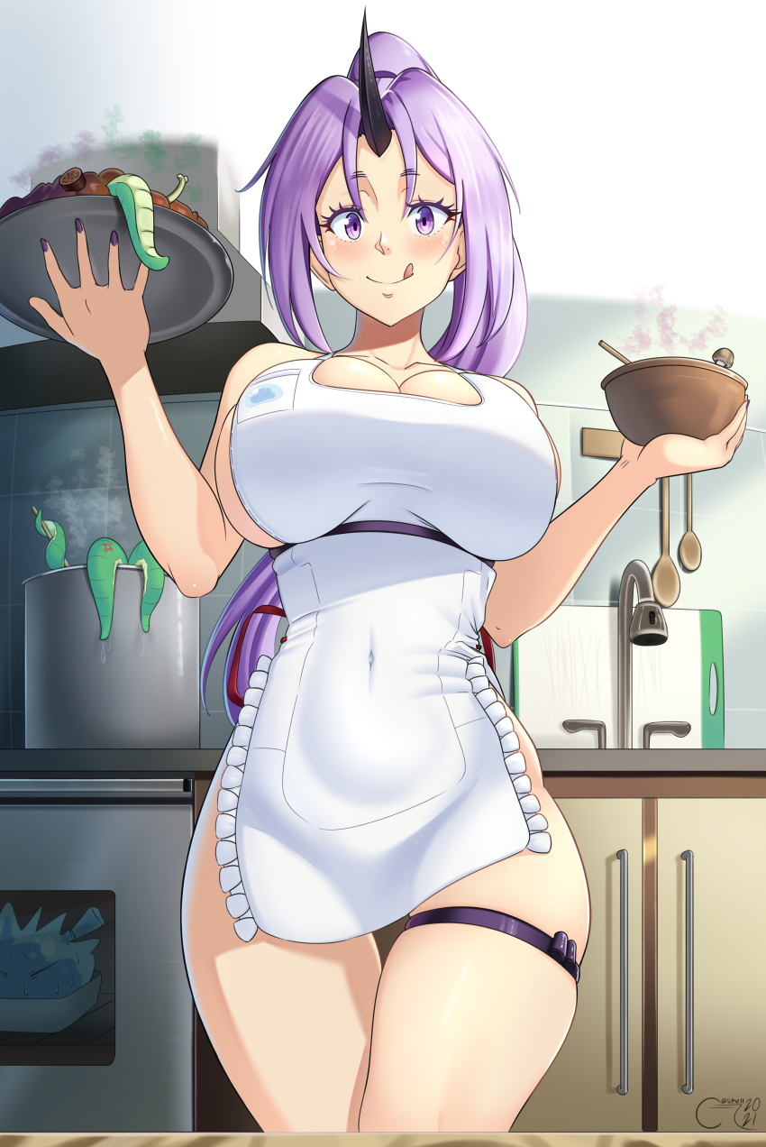 absurdres apron blush bowl breasts castell cleavage closed_mouth collarbone covered_navel female highres holding holding_bowl holding_tray horns indoors large_breasts licking_lips long_hair looking_at_viewer nail_polish naked_apron oni parted_bangs ponytail pot purple_eyes purple_nails shion_(tensei_shitara_slime_datta_ken) single_horn sink smile solo tagme tensei_shitara_slime_datta_ken thighs tongue tongue_out tray white_apron wholesome