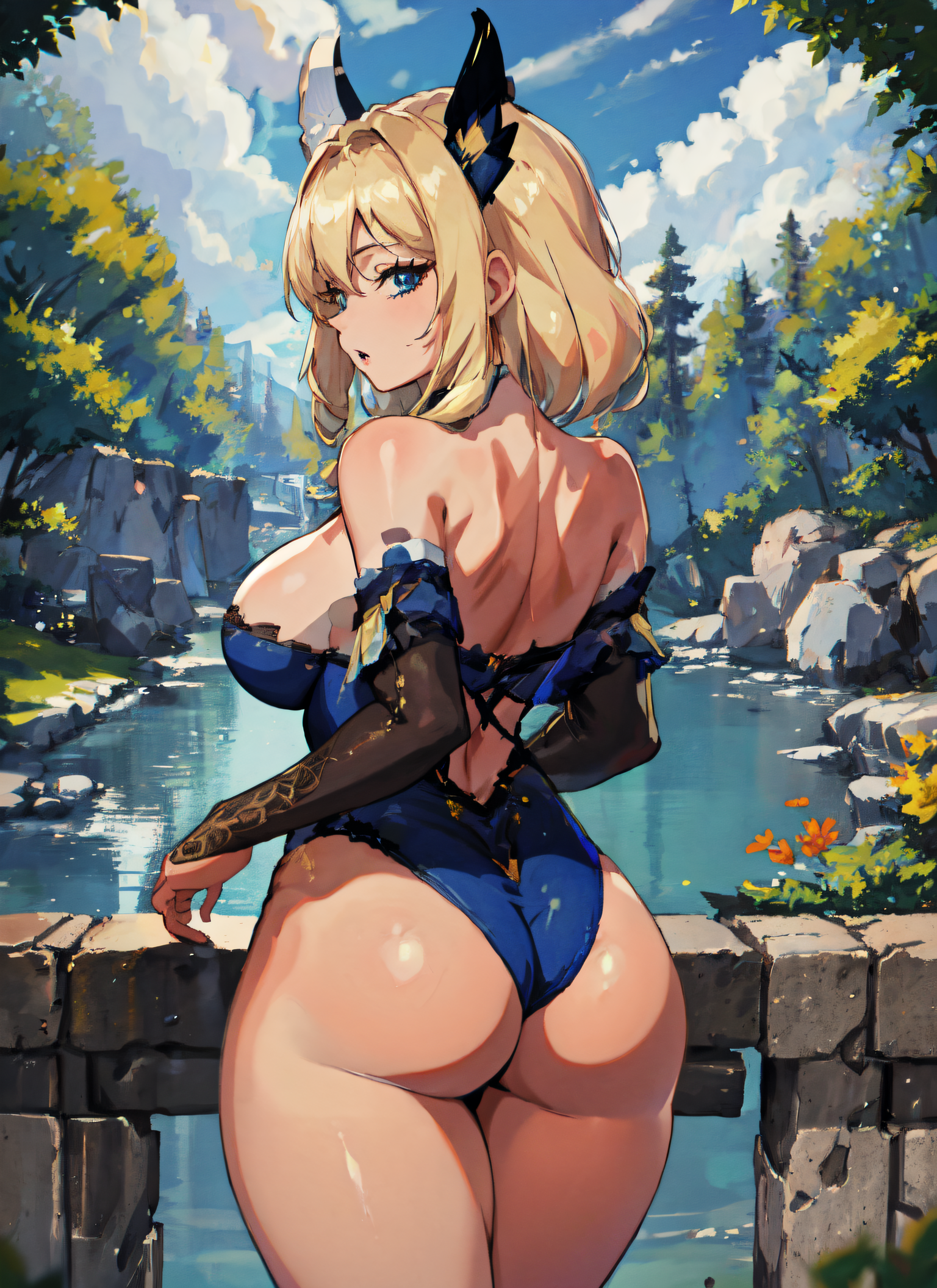 1girls, ai generated, aqua eyes, ass, ass focus, backless outfit, big ass, big breasts, blonde hair, blue eyes, breasts, female, from behind, genshin impact, hair ornament, hat, hi res, huge ass, large ass, large breasts, leotard, looking back, mabi ai, navia (genshin impact), sitting, thick thighs, wide hips, witch hat