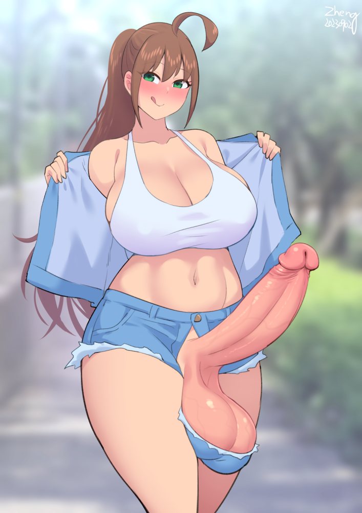 1futa ahoge balls breasts brown_hair clothed clothing erection exhibitionism futa_only futanari green_eyes hips huge_balls huge_cock human kamiya_midori large_breasts licking_lips light-skinned_futanari light_skin long_hair mostly_clothed mostly_nude original original_character penis ponytail short_shorts shorts solo thick_thighs thighs tongue uncensored wide_hips zheng