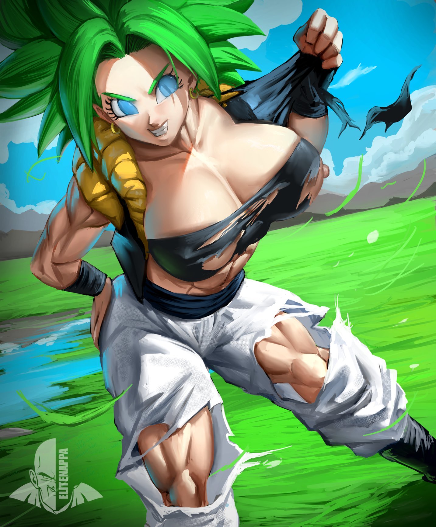 1girls biceps big_breasts blue_eyes breasts busty caule clothing dragon_ball dragon_ball_super ear_piercing earrings elitenappa female female_only fusion green_hair huge_breasts kefla large_breasts legendary_super_saiyan muscular muscular_female nipples no_bra outside piercing solo super_saiyan thick_thighs thunder_thighs torn_clothes torn_clothing universe_6/universe_7 universe_6_girls vest wide_hips