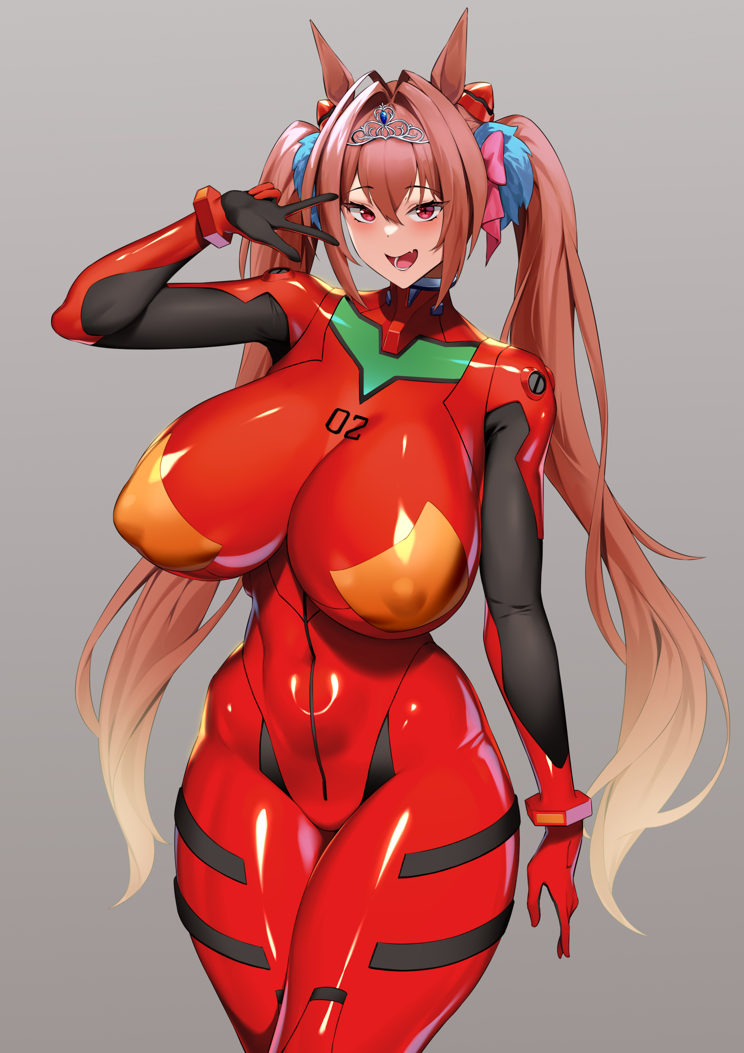 1girls, asuka langley sohryu (cosplay), bodysuit, breasts, brown hair, cosplay, daiwa scarlet (umamusume), female, hips, horse ears, horse girl, huge breasts, jingb dx, kemonomimi, light skin, light-skinned female, long hair, neon genesis evangelion, plugsuit, thick thighs, thighs, tight clothing, umamusume, wide hips