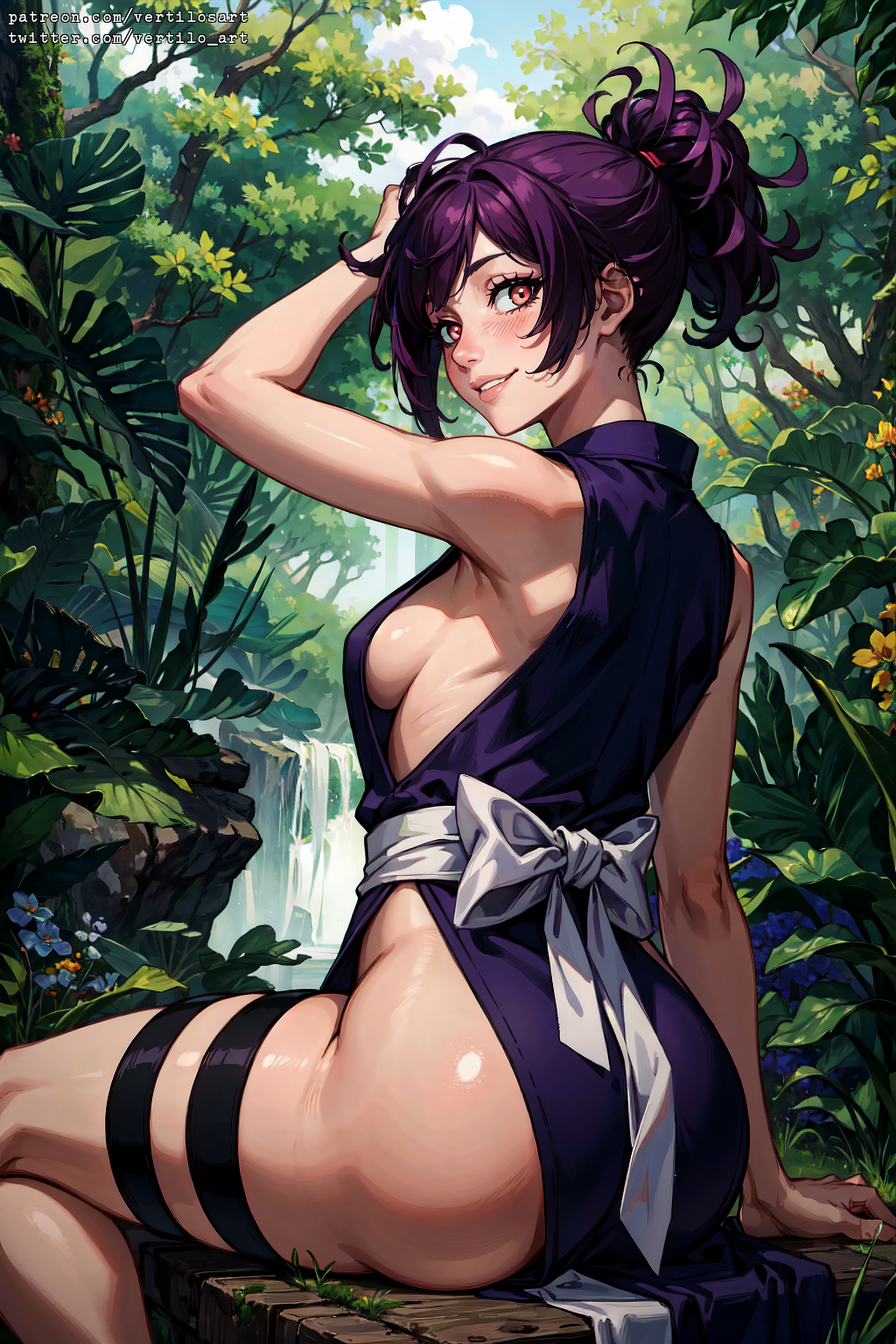 1girls, ai generated, ass, female, female only, from behind, jigokuraku, ninja, sitting, solo, tagme, vertiloart, yuzuriha (jigokuraku)