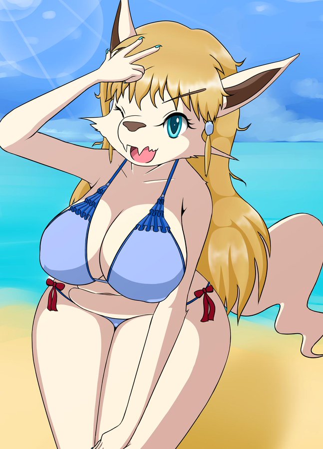 1girls 2019 beach big_breasts bikini blonde_hair blue_eyes canine chloe_heartfield eyebrows_visible_through_hair fur furry_only hi_res kemono long_tail m.u.g.e.n messy_hair moku_(artist) navel nipple_bulge open_mouth smiling snout solo_female thick_thighs v_sign white_fur winking_at_viewer