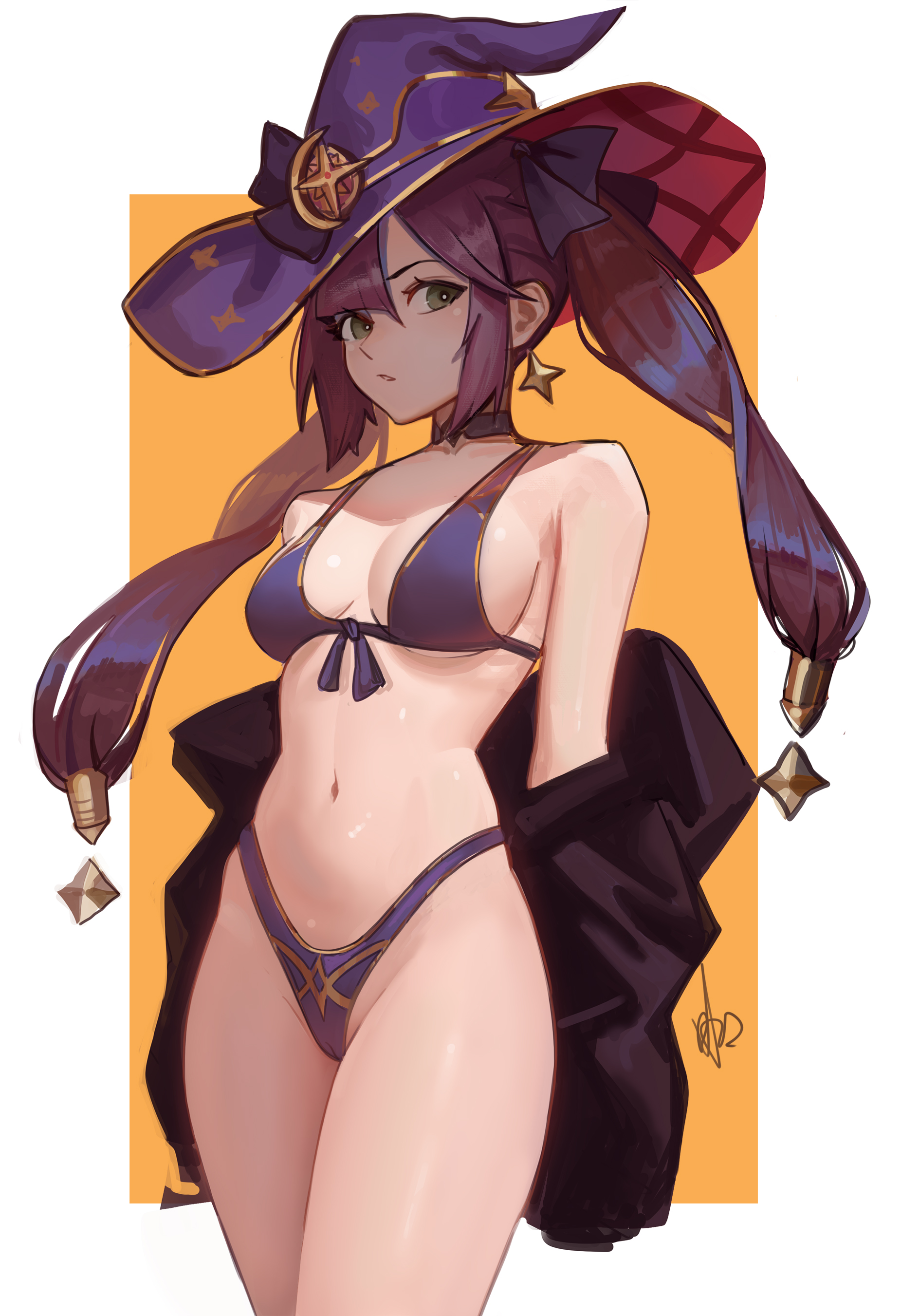 1girls, 2023, 2d, 2d (artwork), absurd res, absurdres, artist signature, bare legs, bare midriff, bare shoulders, bare thighs, belly, belly button, bikini, black jacket, breasts, cleavage, clothed, clothing, coat, digital media (artwork), earrings, eyelashes, female, female focus, female only, genshin impact, hair, hi res, highres, hourglass figure, human, jacket, legs, light skin, light-skinned female, long hair, looking away, medium breasts, midriff, mona (genshin impact), navel, ninra, open eyes, open mouth, orange background, purple bikini, purple hat, shoulders, sideboob, simple background, solo, solo female, solo focus, standing, swimsuit, thighs, twintails, undressing, upper body, watermark, white background, witch hat