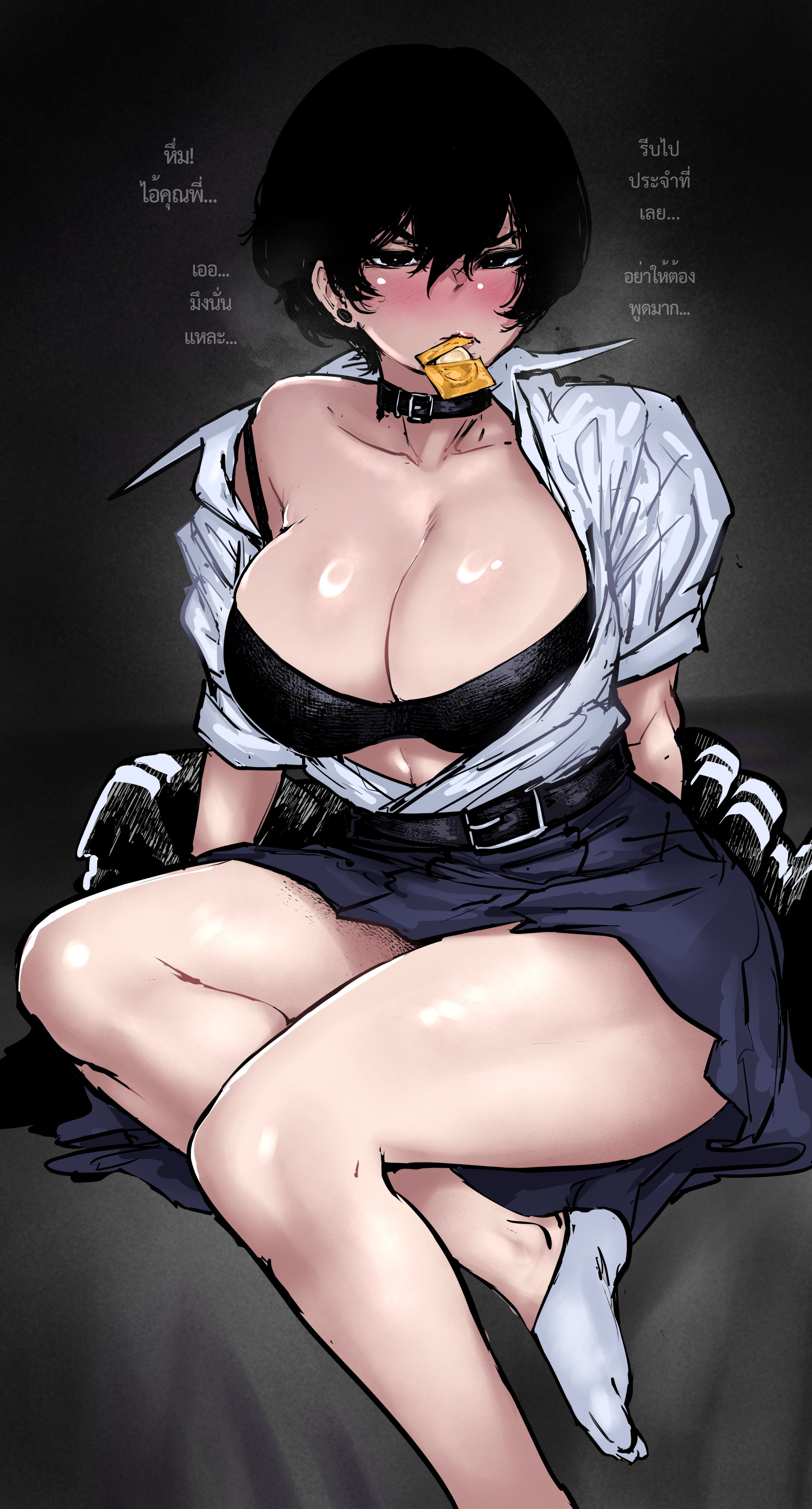 1girls, anuttsuii, belt, big breasts, black eyes, black hair, blush, bra, breasts, busty, choker, clothed, collar, condom, condom in mouth, curves, curvy, curvy body, curvy female, curvy figure, dark eyes, dark hair, ear piercing, earrings, female, female only, huge breasts, large breasts, light skin, light-skinned female, partially clothed, piercing, piercings, revealing clothes, short hair, skirt, socks, tagme, thick, thick thighs, thighs, tomboy, translation request, unbuttoned, underwear