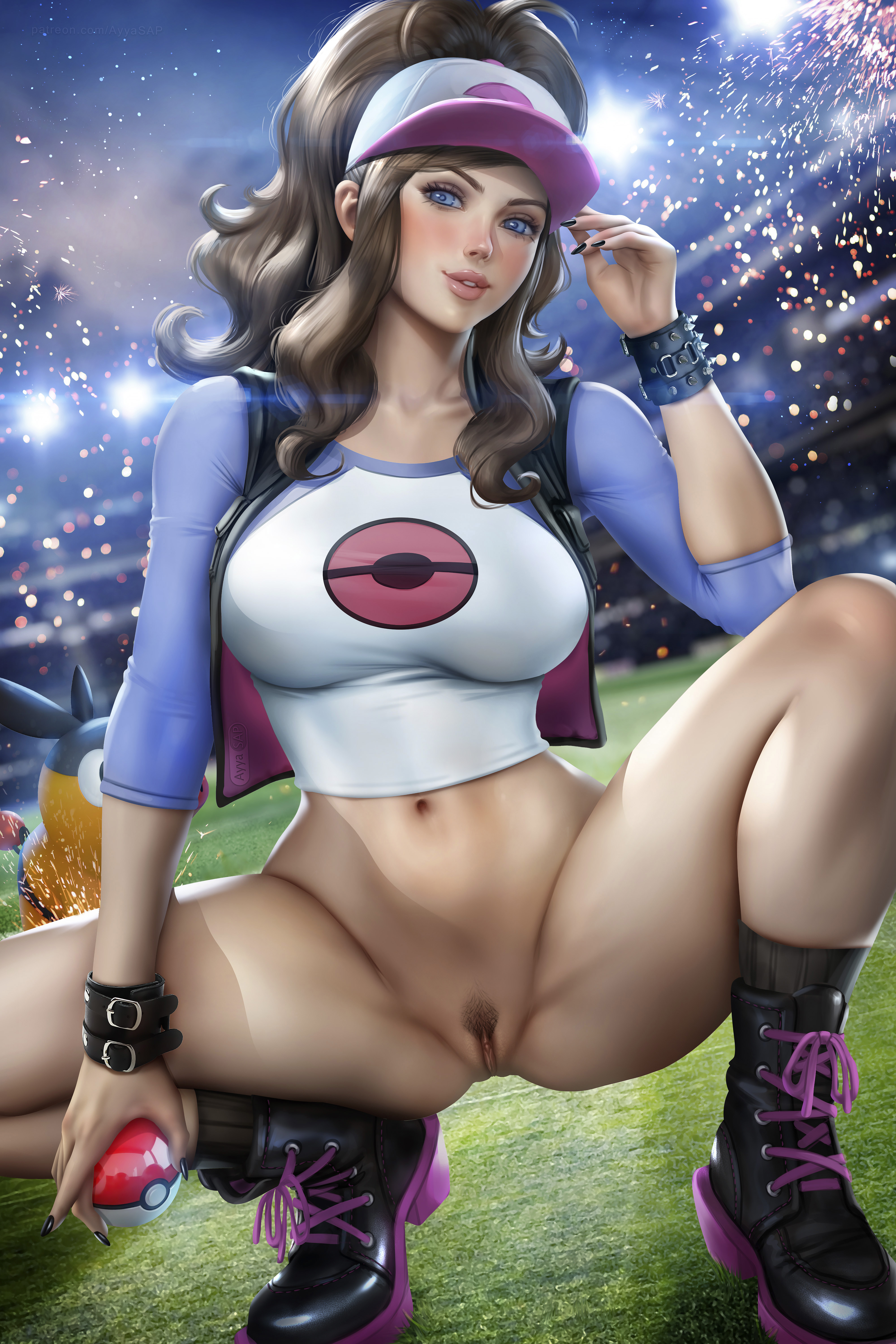 1girls, ayyasap, black nails, blue eyes, bottomless, brown hair, cap, clitoris, cosplay, female, hilda (pokemon), legs apart, legs spread, looking at viewer, nail polish, pokeball, pokemon, pokemon bw, pubic hair, pussy, pussy lips, rosa (pokemon) (cosplay), spread legs, tepig, vagina