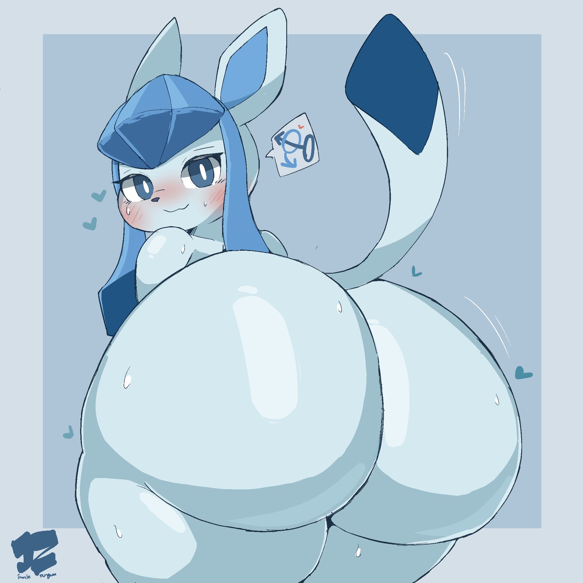 2d, absurd res, anthro, anthro only, ass, ass focus, big ass, big butt, big ears, blue background, blue body, blue eyes, blue hair, blush, bodily fluids, bubble ass, bubble butt, butt focus, eeveelution, fat ass, fat butt, femboy, from behind, furry, gender symbol, gender symbol penetration, girly, glaceon, heart, hi res, huge ass, huge butt, jimmiezangoo, looking at viewer, looking back, looking back at viewer, male, male only, male symbol, motion lines, naked, nude, pokémon (species), pokemon, pokemon (species), presenting, raised tail, rear view, simple background, smile, solo, solo focus, solo male, speech bubble, sweat, sweatdrop, symbol, symbol-only commentary, tail, tailwag, thick thighs, watermark, wide hips