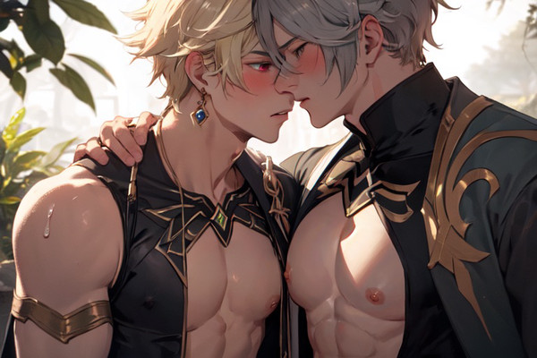 2boys abs aether_(genshin_impact) ai_generated alhaitham_(genshin_impact) blonde_hair blush cleavage gay genshin_impact kaveh_(genshin_impact) male male/male male_focus male_only muscular muscular_male nipples pecs pectoral_cleavage pectorals red_eyes tagme yaoi