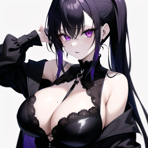 1girls ai_generated black_clothing dark_hair female long_ponytail nemus_waifu_generator ponytail pooplool purple_eyes simple_background sole_female solo solo_female tagme white_background