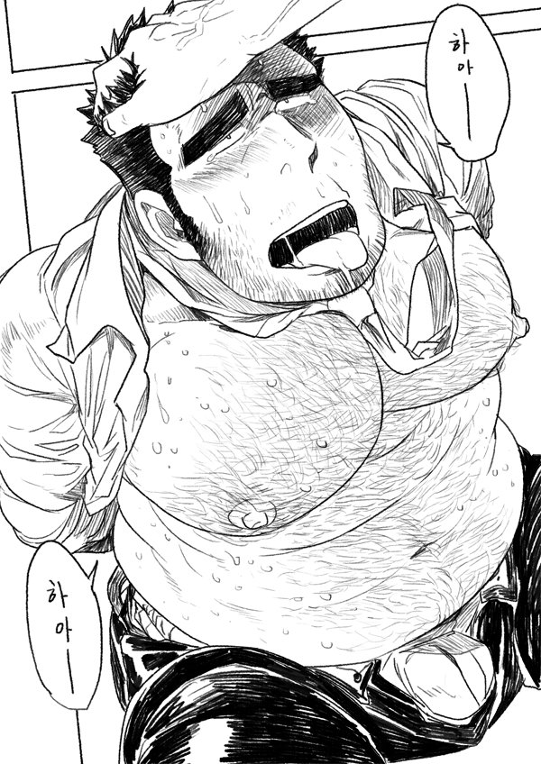 absol_(dkqthf) balls bara body_hair bulge facial_hair gay hand_on_head hands_behind_back male male_only monochrome muscles muscular open_shirt penis sweat sweating tongue_out