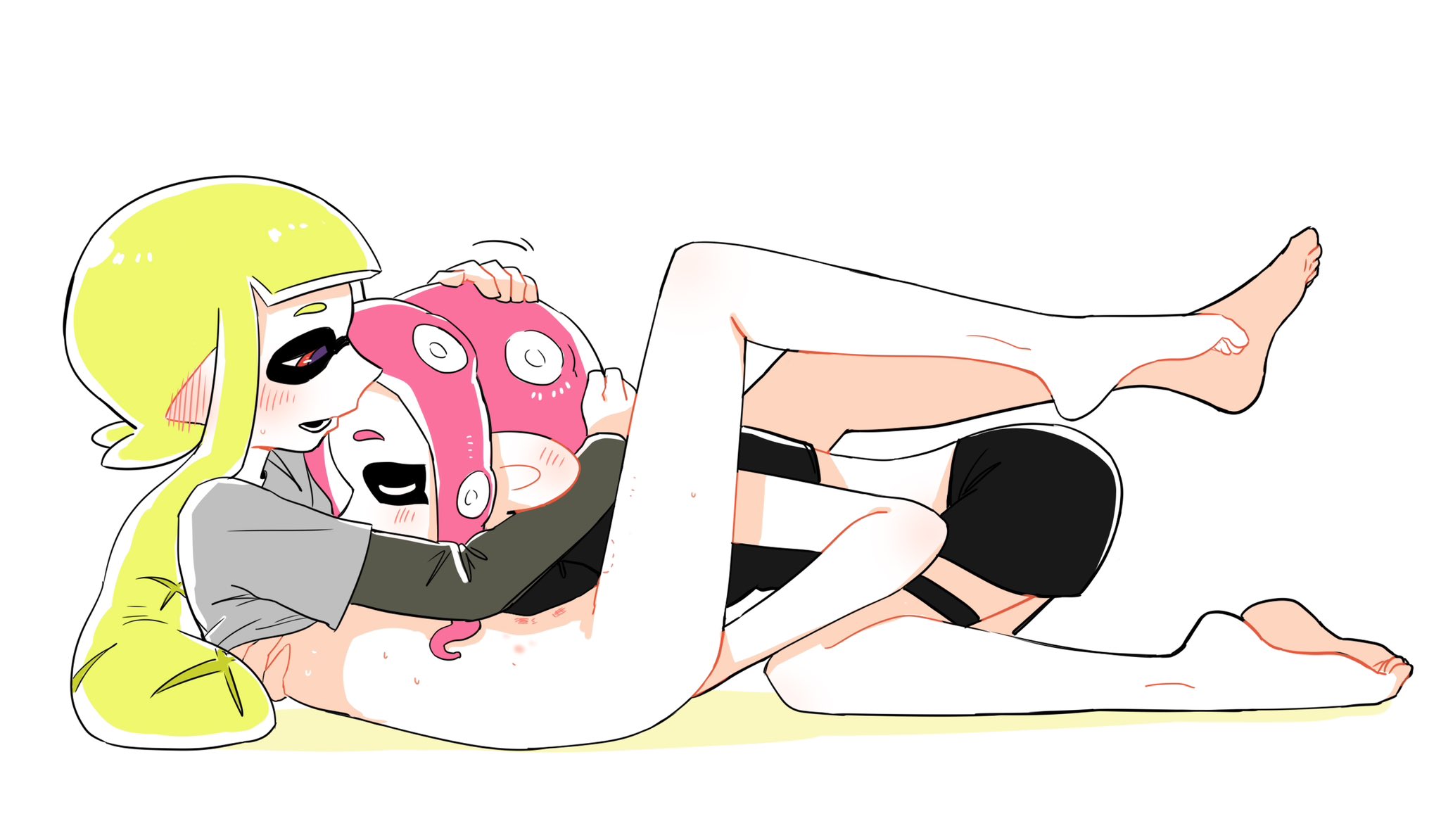 agent 3 (splatoon), agent 8 (splatoon), female, fingering, holding head, splatoon, sucking nipples, twitter link, yuri