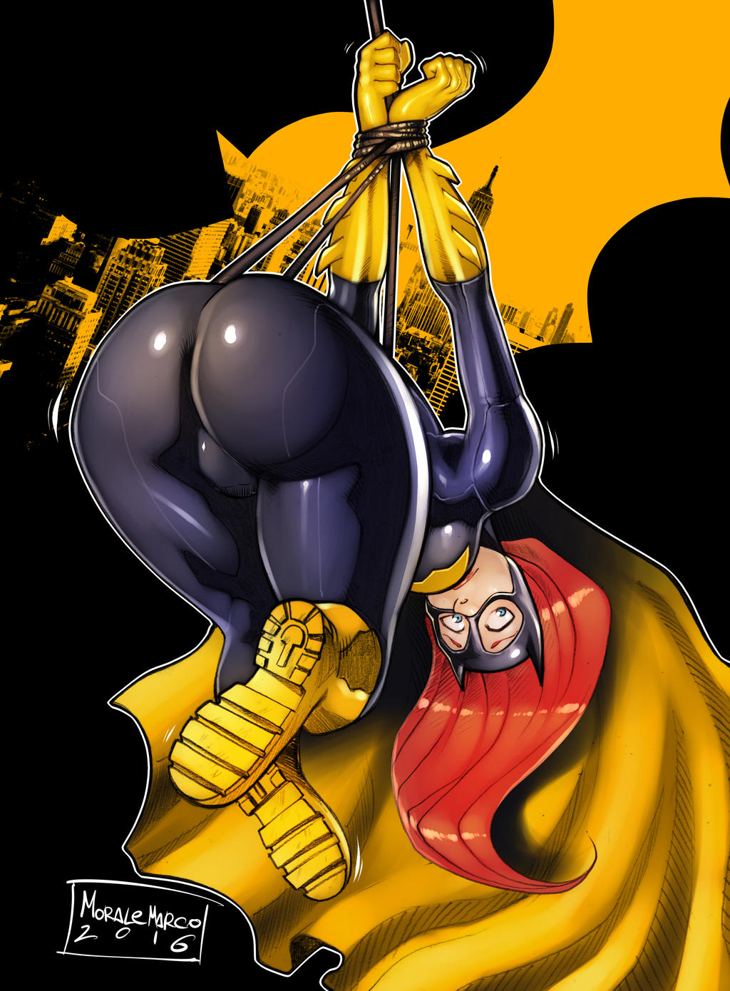 0shamrock0 1girls ass barbara_gordon batgirl batman_(series) black_bodysuit blue_eyes bodysuit boots cape dat_ass dc dc_comics female female_only fully_clothed gloves mask red_hair solo superheroine tied_arms tied_up tied_wrists yellow_boots yellow_gloves