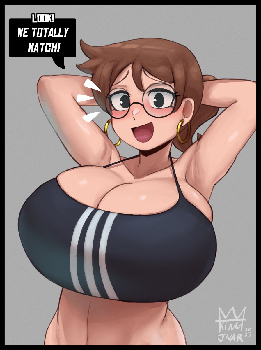 1girls armpits arms_up big_breasts breasts brown_hair busty earrings english_text female female_only glasses huge_breasts julie_powers kingjnar large_breasts light-skinned_female light_skin medium_support_(meme) scott_pilgrim text tied_hair