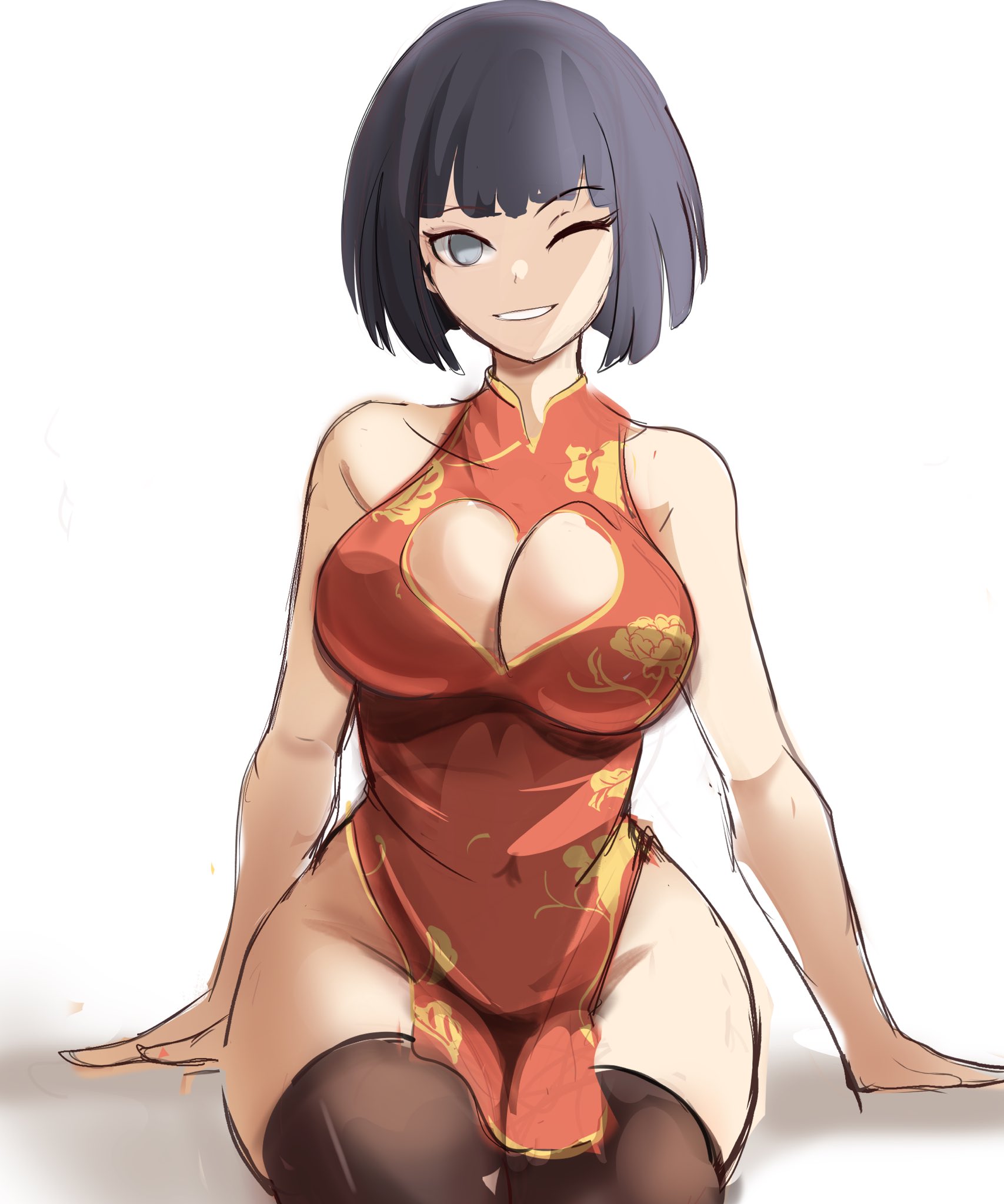 1girls, asian, asian female, bare arms, bare shoulders, bare thighs, belly button, big breasts, black legwear, blue hair, blue-haired female, bob cut, boruto: naruto next generations, breasts, busty, child bearing hips, chinese clothes, chinese dress, cleavage, cleavage cutout, clothed, curvaceous, curvy, curvy body, curvy female, curvy figure, female, female focus, fully clothed, grin, highres, hourglass figure, hyuuga hinata, inner sideboob, legwear, mature, mature female, medium hair, milf, naruto, naruto (series), one eye closed, parted lips, pinup, pose, purple eyes, rakeemspoon, shounen jump, sitting, smile, solo, solo focus, thick thighs, thighhighs, thighs, tight clothing, tight dress, uzumaki hinata, voluptuous, voluptuous female, wink