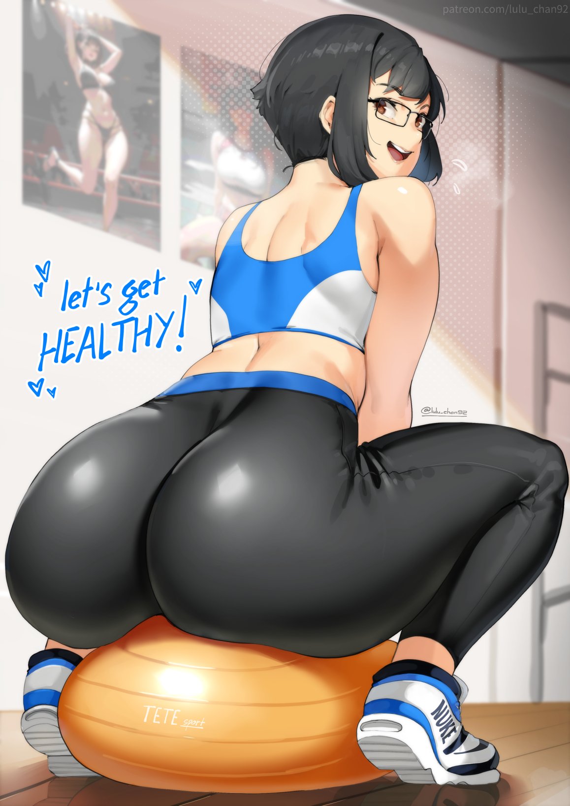 1girls ass ass_focus big_ass black_hair dat_ass eyewear female female_only glasses light-skinned_female light_skin looking_at_viewer looking_back lulu-chan92 short_hair solo solo_female solo_focus tank_top yoga yoga_pants