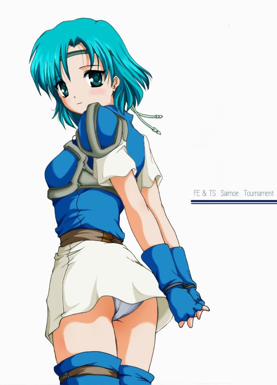 1girls 2000s_(style) archived_source armor arms_behind_back ashita_yaru ass big_ass blue_armor blue_eyes blue_gloves blue_hair blue_shirt blue_thighhighs closed_mouth commentary_request female female_only fire_emblem fire_emblem:_the_binding_blade gloves green_headband hair_intakes headband interlocked_fingers legs_together light_blue_hair light_smile looking_at_viewer miniskirt nintendo panties pantyshot pegasus_knight_uniform_(fire_emblem) shirt short_hair short_sleeves shoulder_armor simple_background skirt solo standing thea_(fire_emblem) thighhighs underwear upskirt white_background white_panties white_skirt