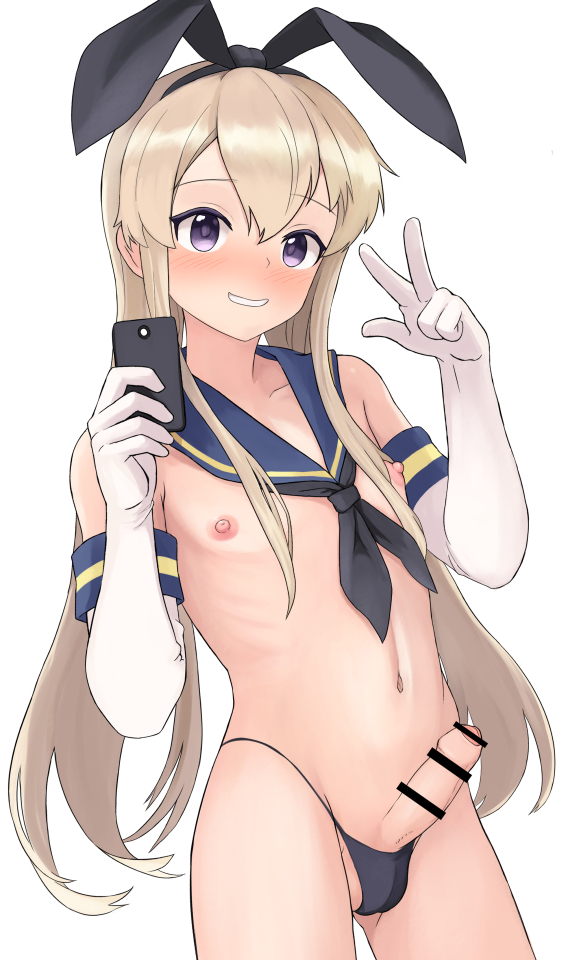 1boy androgynous bar_censor blonde_hair blush crossdressing erection femboy foreskin functionally_nude girly gloves long_hair no_shirt phone purple_eyes shimakaze-kun shimakaze_(kantai_collection) thong trap