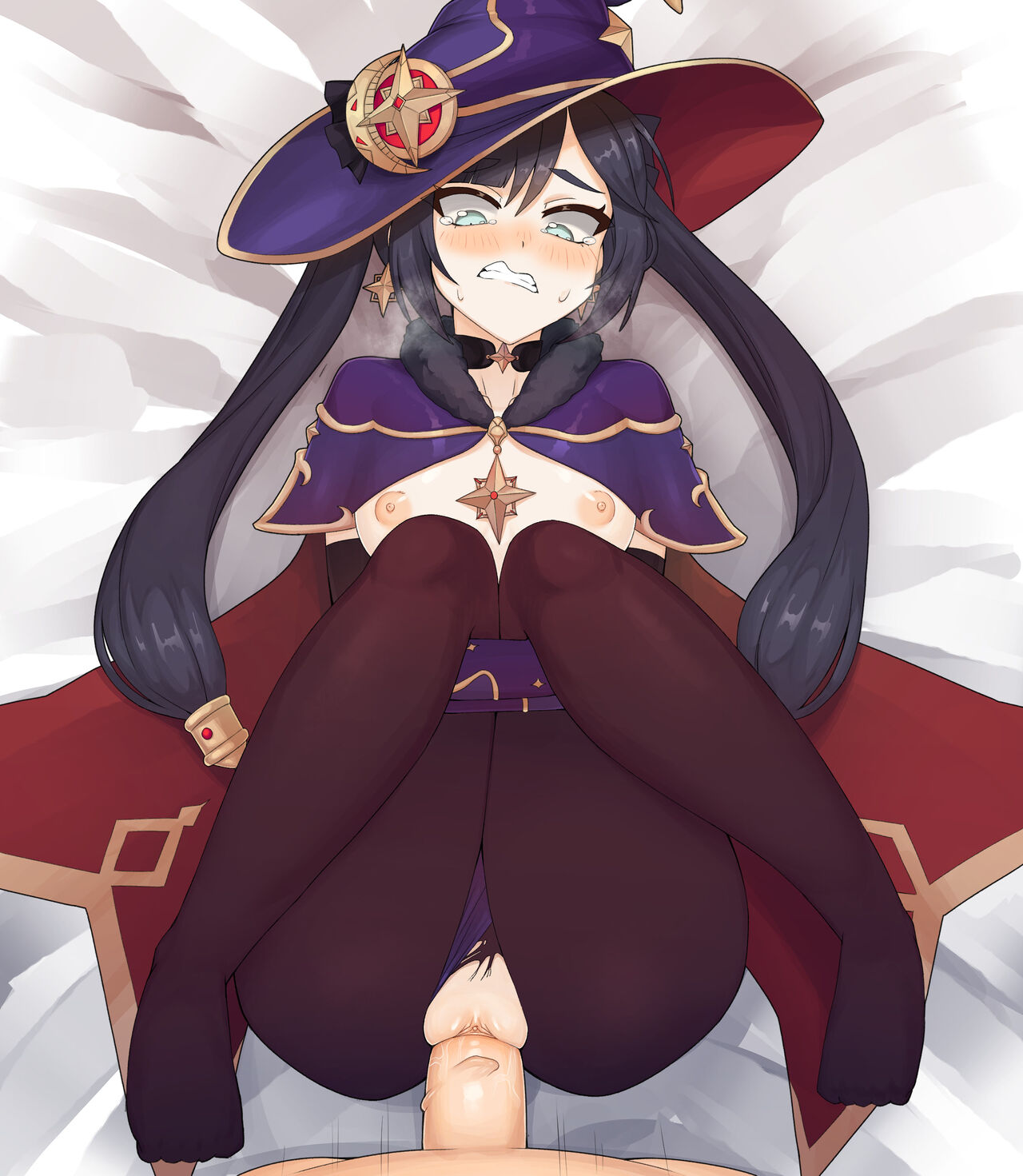 1girls bippew blush clenched_teeth exposed_breasts genshin_impact medium_breasts missionary_position missionary_sex mona_(genshin_impact) ripped_clothing ripped_pants sex tagme vaginal_penetration witch witch_hat wizard_hat