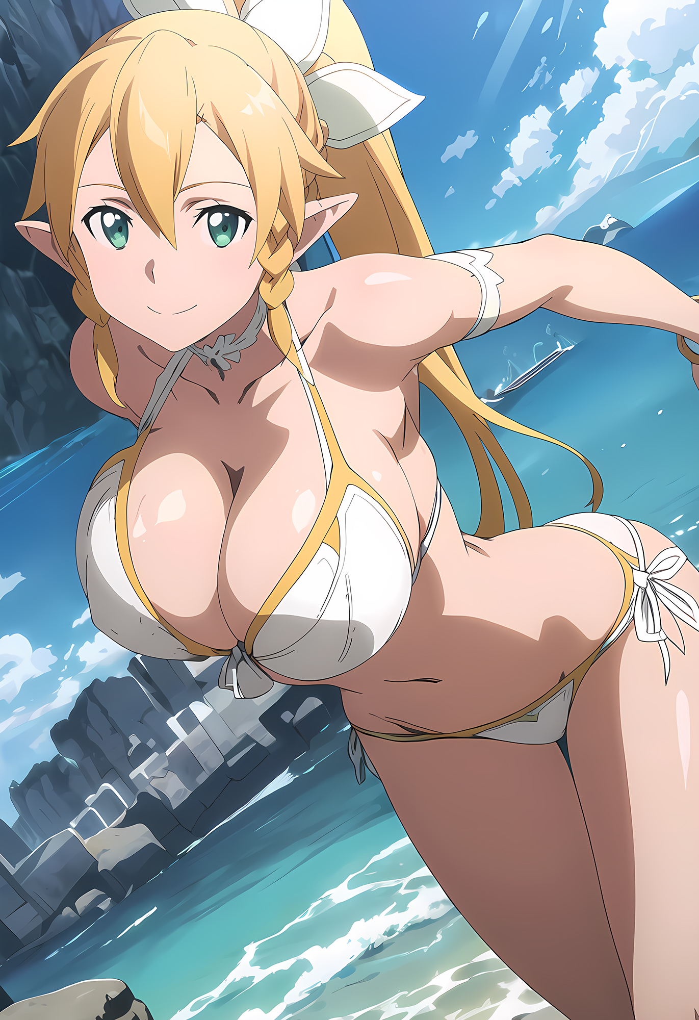 1girls, ai generated, alfheim online, beach background, bikini, blonde hair, breasts, curvy, curvy female, female, female only, green eyes, huge breasts, imayoai, kirigaya suguha, leafa, long hair, looking at viewer, navel, ponytail, ribbon, smile, solo, sword art online, voluptuous