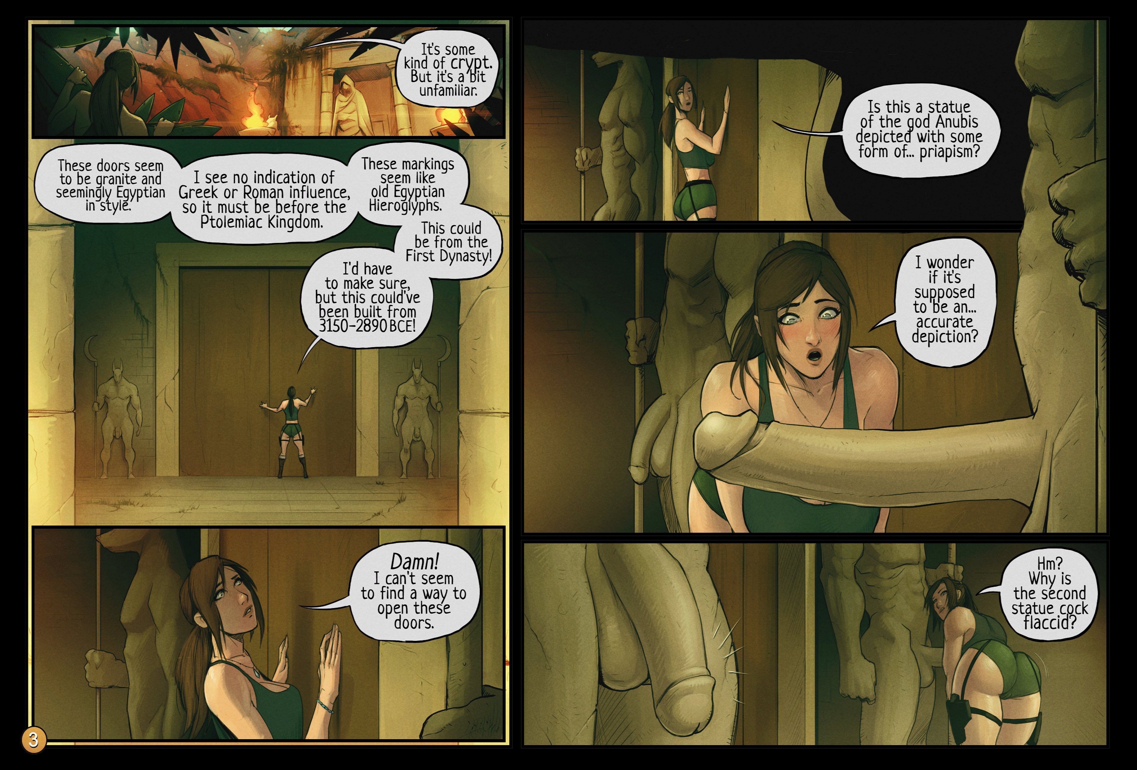 1girls, anubian jackal, anubis, ass, big ass, big breasts, booty shorts, breasts, brown hair, cleavage, clothing, comic, comic page, crop top, devil hs, egyptian, english text, erection, erotic sculpture, female, fire, flaccid, gun, gun holster, huge cock, human, human on statue, lara croft, lara croft (survivor), male, muscular, muscular anthro, navel, page 3, pale skin, parody, penis, penis awe, ponytail, puzzle, sex lock, sex puzzle, solo female, statue, temple, tomb raider, tomb raider (survivor), tropical, vaginal