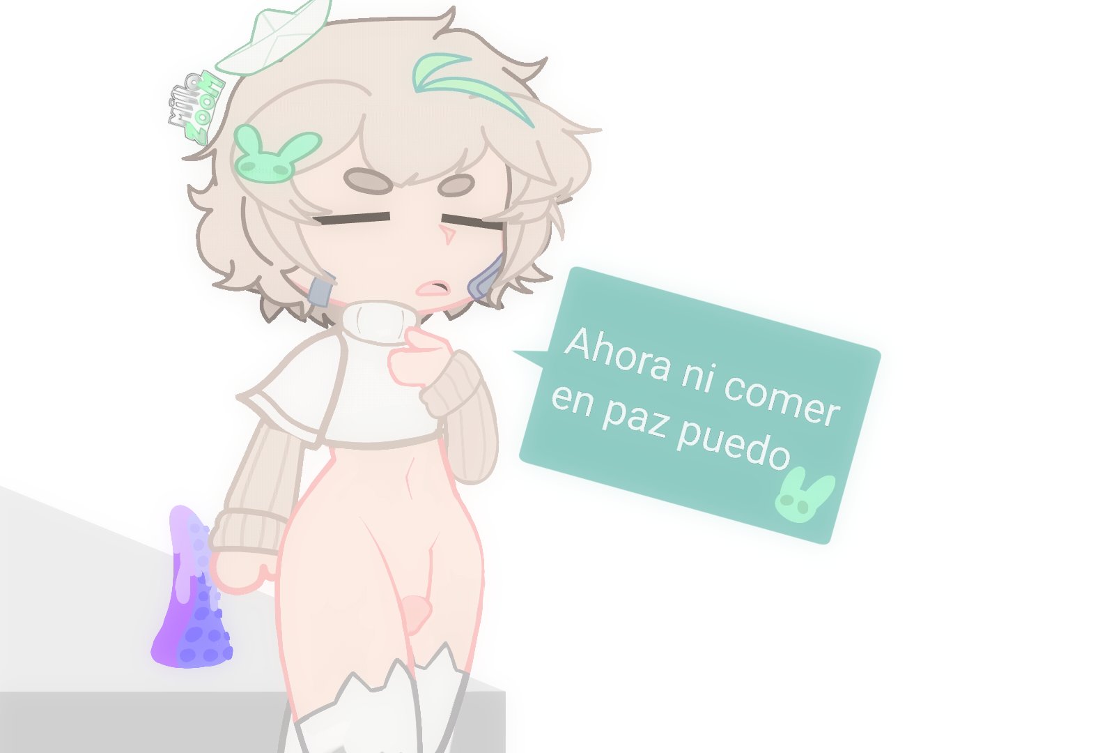blonde hair, dick, femboy, gacha, male, male only, millozoom, penis, spanish text, tentacle dildo, text, white clothing
