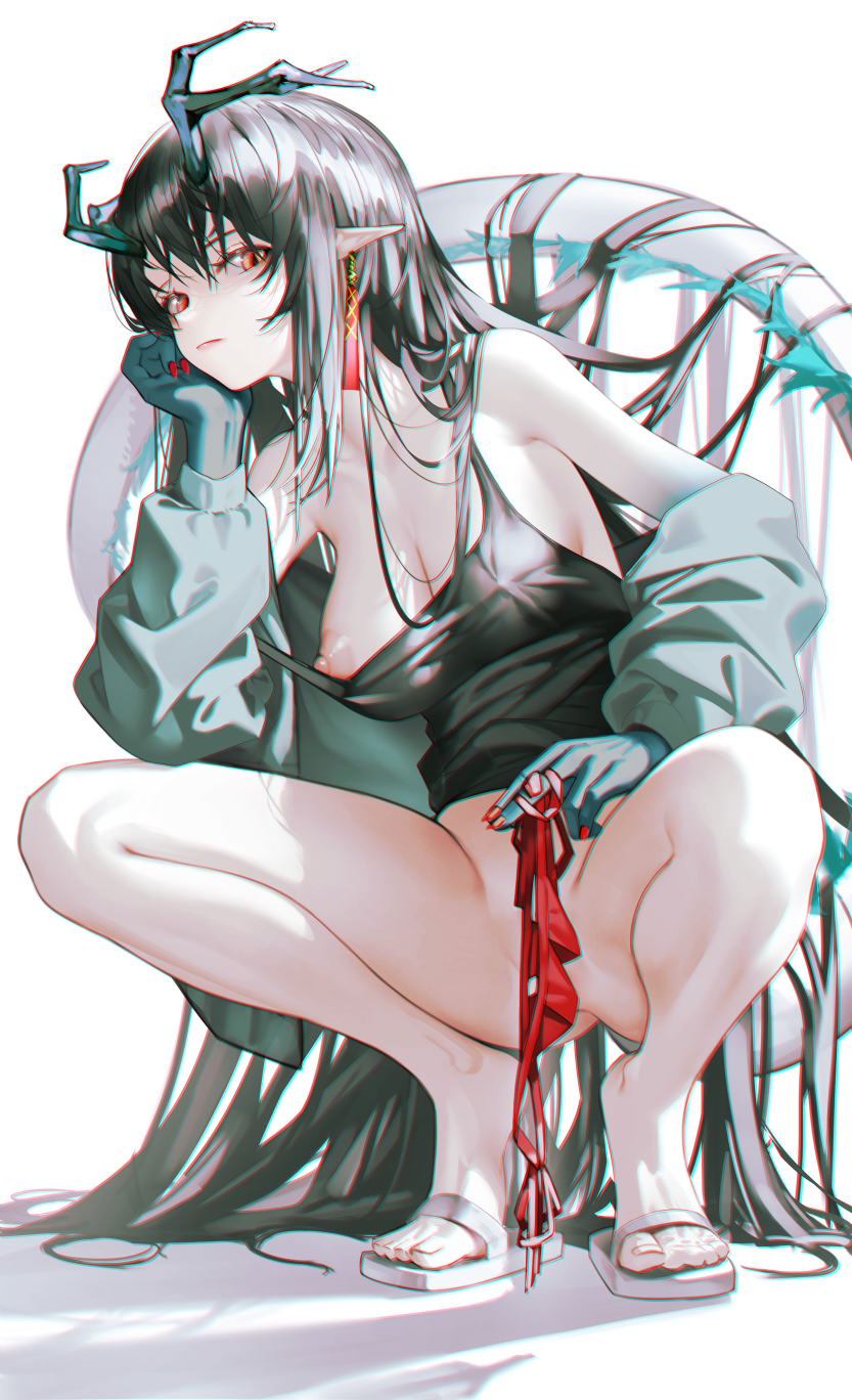 1girls arknights bare_legs black_hair black_shirt breasts dusk_(arknights) feet female footwear half-dressed highres holding_underwear horns iumu nipples one_breast_out pointy_ears sandals shirt simple_background solo squatting tank_top toenails toes underwear white_background white_footwear