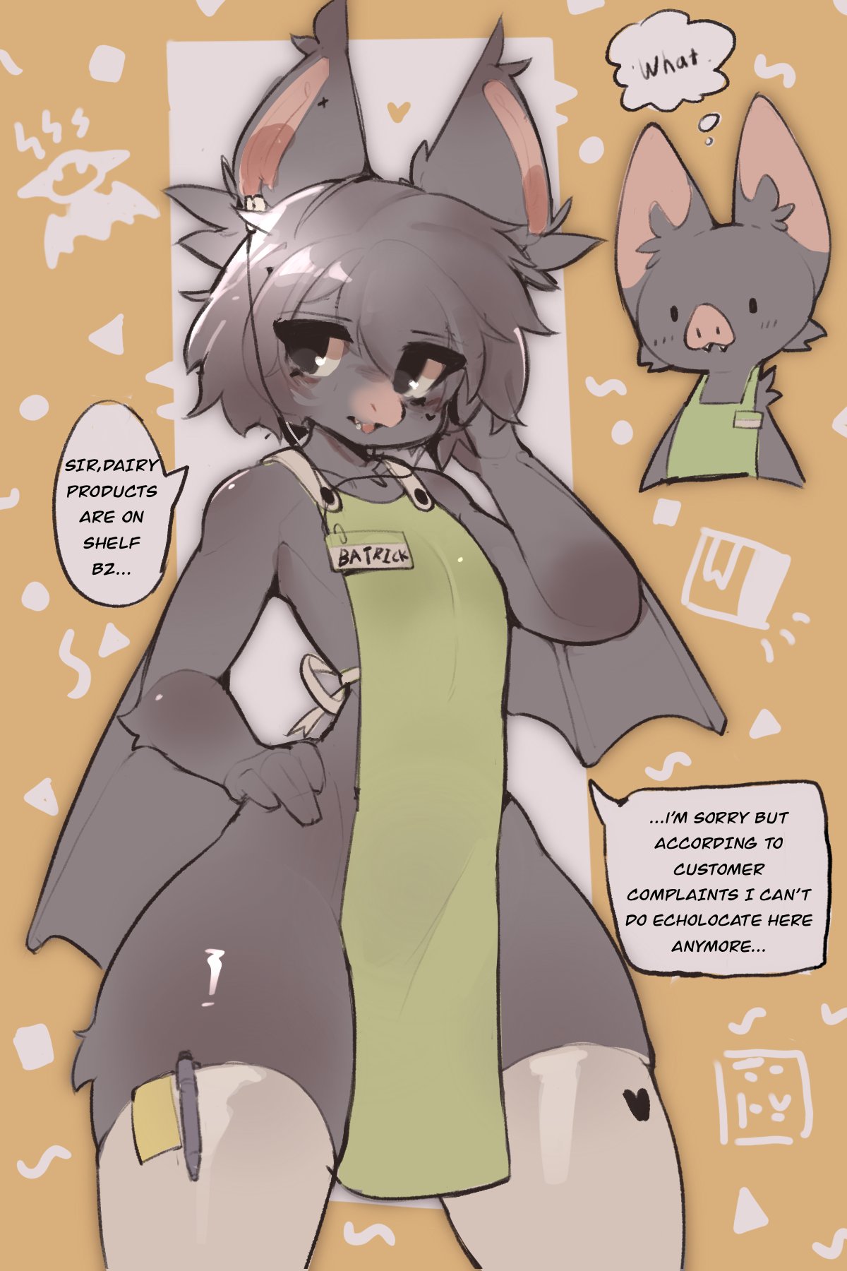 abstract_background anthro anthrofied apron apron_only bat bat_(animal) batrick_(natural_habitat_shorts) batrick_(natural_habitok) beady_eyes big_ears blush chiropteran clothing earbuds english_text fangs femboy fur girly grey_body grey_eyes grey_fur grey_hair hair hand_on_hip headphones hi_res legwear male mammal membrane_(anatomy) membranous_wings name_tag natural_habitat_shorts small_waist solo speech_bubble teeth text thick_thighs thigh_highs thought_bubble tobydoge tobydogeowo_(artist) wide_hips winged_arms wings