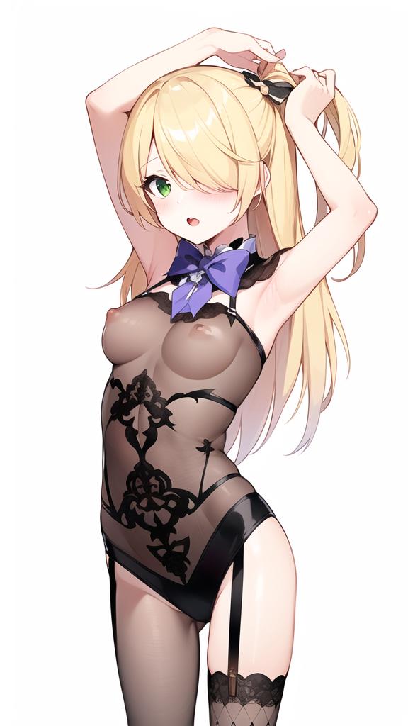 ai generated, black panties, blonde hair, bow, bowtie, breasts, female, fischl (genshin impact), genshin impact, green eyes, leggings, lingerie, medium breasts, nipples, open mouth, see-through, see-through bra, see-through shirt, see-through top, shocked, suprised, white background