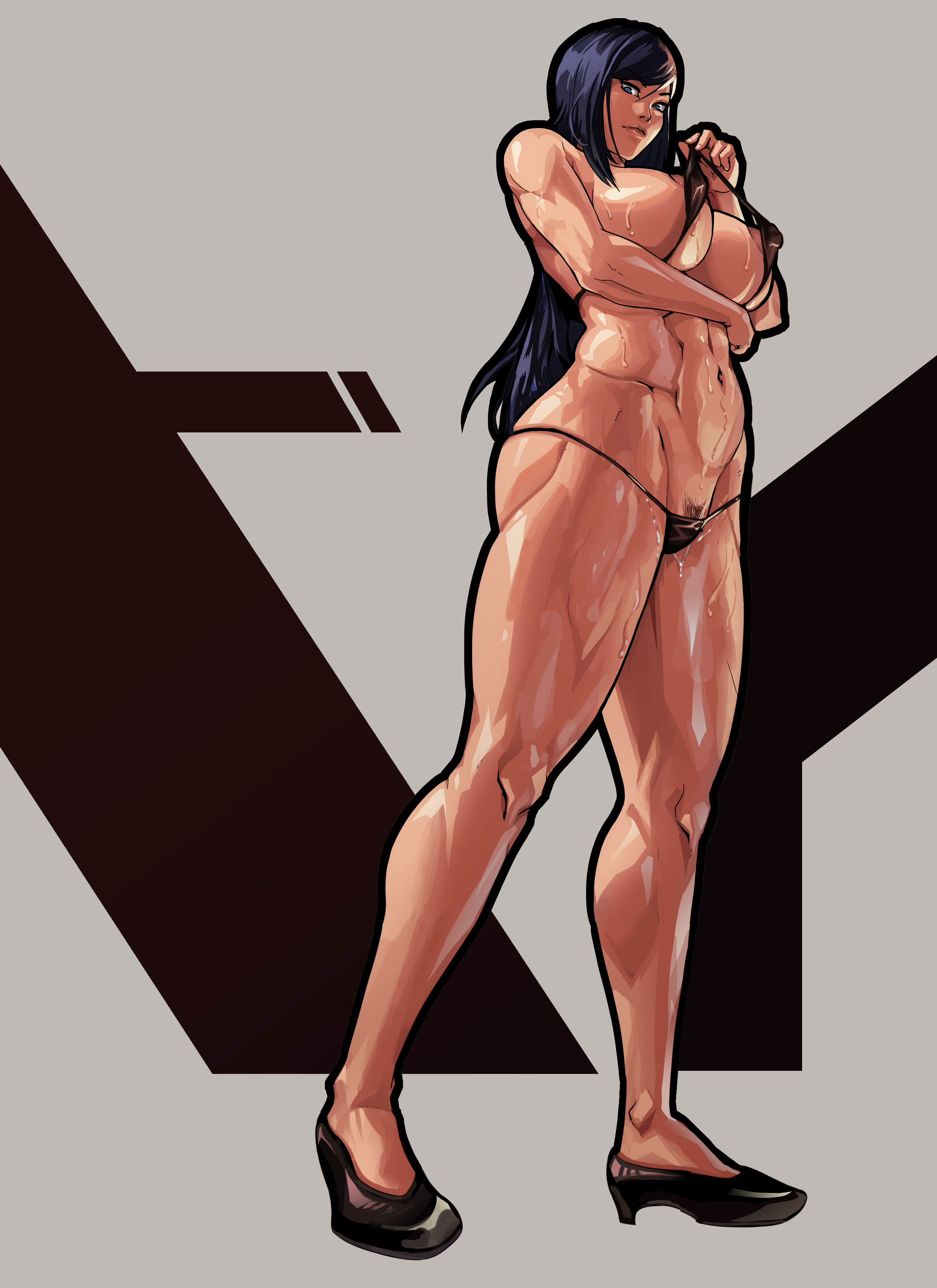 abs, areola slip, areolae, athletic, athletic female, big breasts, bikini, black hair, blue eyes, breasts, busty, equinox006, erect nipples, female, female focus, female only, hourglass figure, kurihara mari (prison school), long hair, micro bikini, navel, nipple bulge, nipples, pinup, pinup pose, prison school, pubes, pubic hair, pubic hair peek, standing, sweat, wide hips