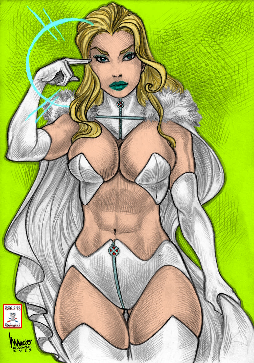 abs big_breasts blonde_hair blue_eyes blue_lipstick breasts cdl113 choker cleavage emma_frost female fit_female hand_on_head marcio_fernandes marvel marvel_comics new_x-men telepath telepathy thick_thighs thigh_gap thighs white_queen x-men