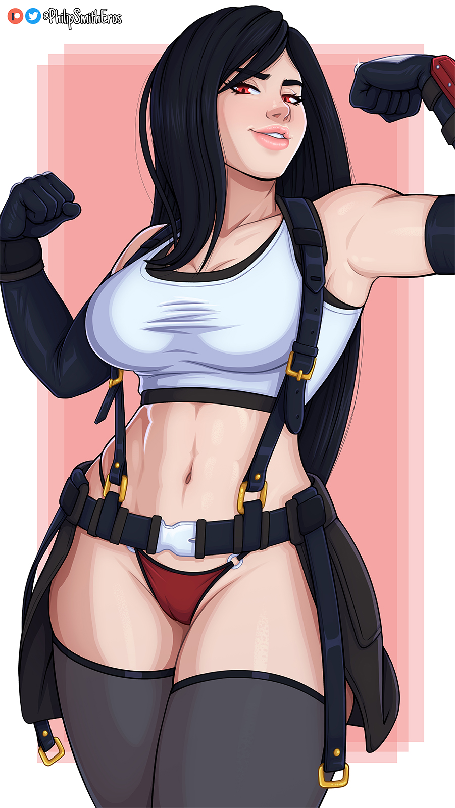 1girls, armwear, black hair, female, female only, final fantasy, final fantasy vii, final fantasy vii remake, flexing, flexing bicep, hi res, long hair, looking at viewer, narrowed eyes, philipsmitheros, red eyes, smiling, smiling at viewer, solo, stockings, suspenders, thick thighs, thong, tifa lockhart, topwear