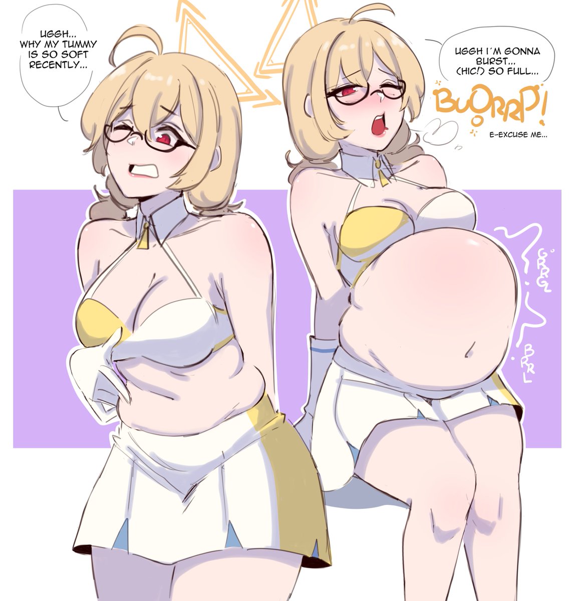 1girls ahoge big_belly big_breasts bloated_belly blonde_hair blue_archive blush burping cheerleader chubby chubby_female digestion_noises elpacha2 engineering_department_(blue_archive) english_dialogue english_text glasses halo hiccuping kotori_(blue_archive) kotori_(cheerleader)_(blue_archive) millennium_cheerleader_outfit_(blue_archive) millennium_science_school_student motion_lines red_eyes short_hair stomach_noises weight_gain