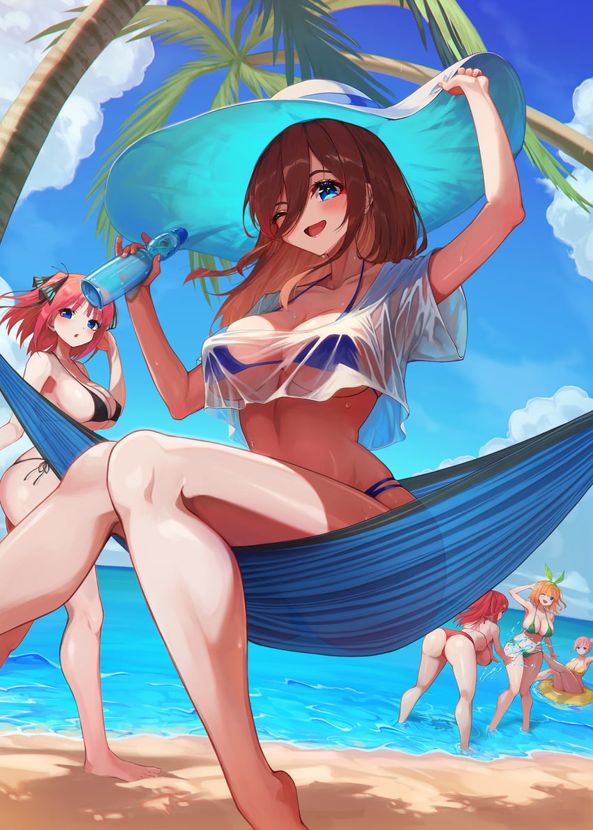 beach bikini blue_eyes brown_hair go-toubun_no_hanayome hiyoku nakano_ichika nakano_itsuki nakano_miku nakano_nino nakano_yotsuba orange_hair pink_hair purple_eyes quintuplets red_hair