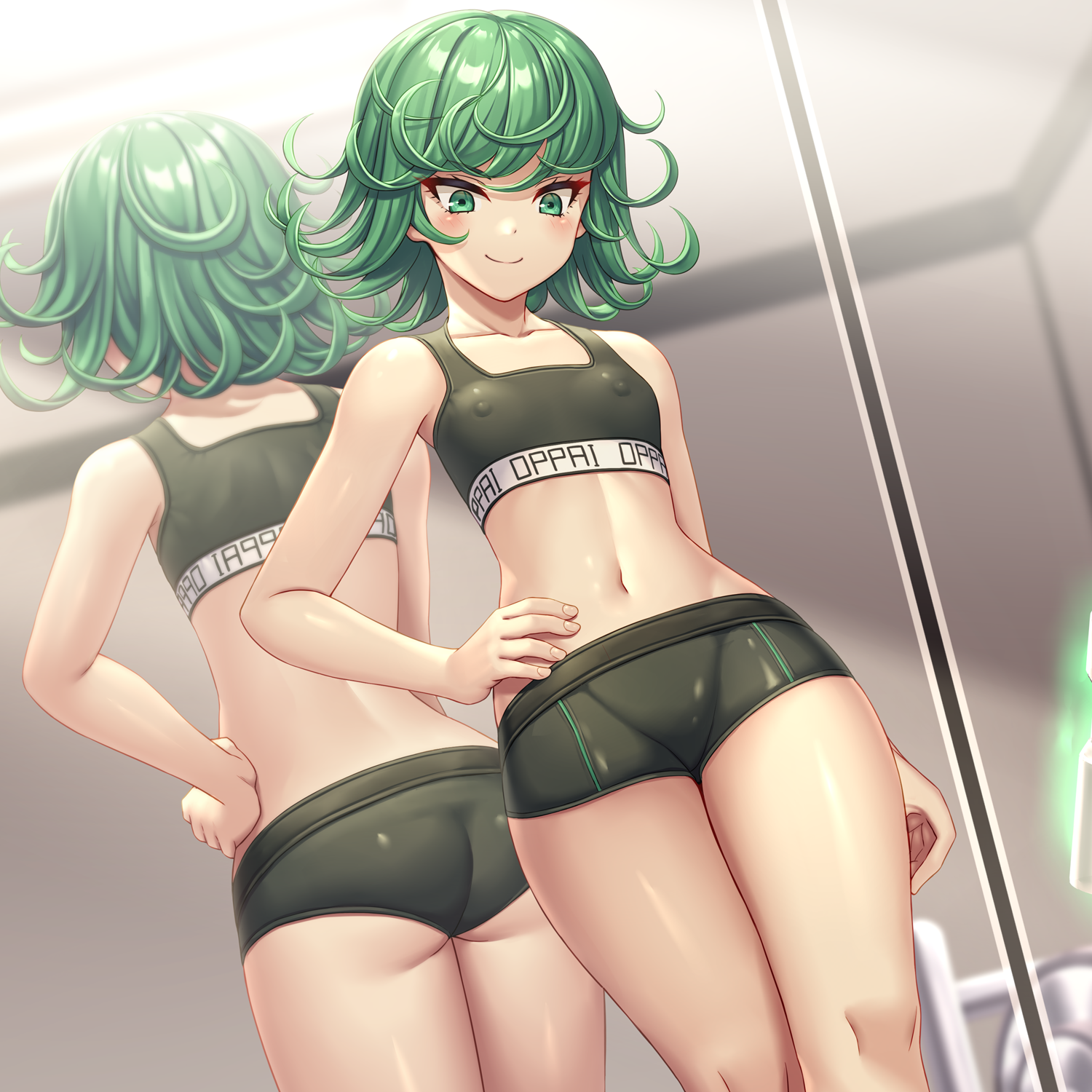 1girls, asisuki, black shorts, black sports bra, blush, breasts, closed mouth, collarbone, covered nipples, crop top, curly hair, female, green eyes, green hair, hand on own hip, highres, mirror, navel, one-punch man, short hair, shorts, small breasts, smile, solo, sports bra, standing, tatsumaki