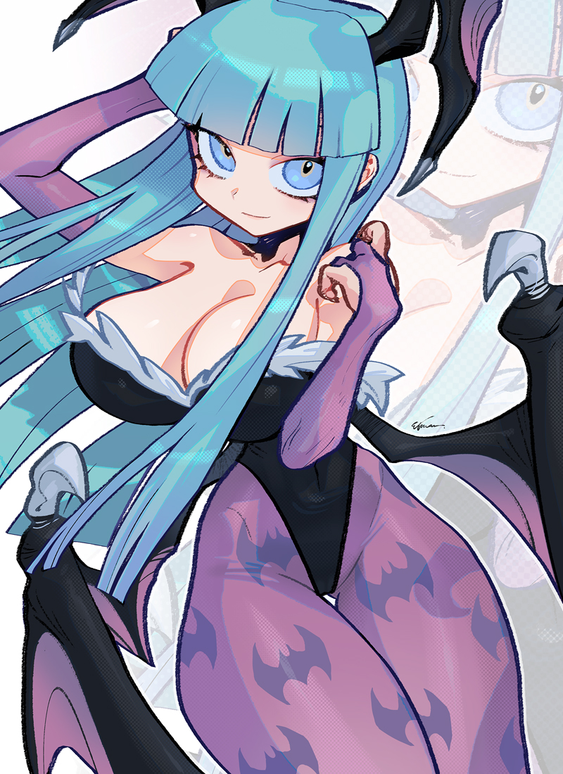 1girls animal_print bangs bat_print big_breasts blue_eyes blunt_bangs capcom clothing darkstalkers etama_quomo female female_only gauntlets green_eyes green_hair head_wings large_breasts leotard long_hair looking_at_viewer morrigan_aensland pantyhose purple_pantyhose smiling smiling_at_viewer solo succubus succubus_wings thick_thighs wings