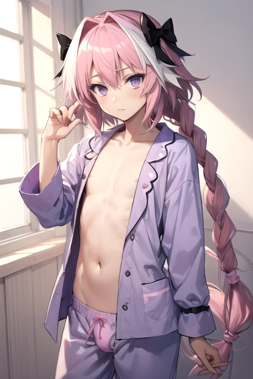 ai_generated astolfo_(fate) bedroom bulge cute drowsy fate/zero fate_(series) femboy no_sex pajamas pink_hair pixai purple_eyes