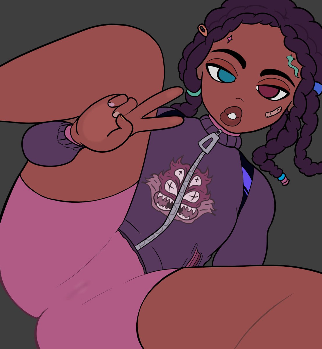 dark-skinned_female fortnite heterochromia hoodie imani_(fortnite) peace_sign pink_shorts purple_hair purple_hoodie uniimom